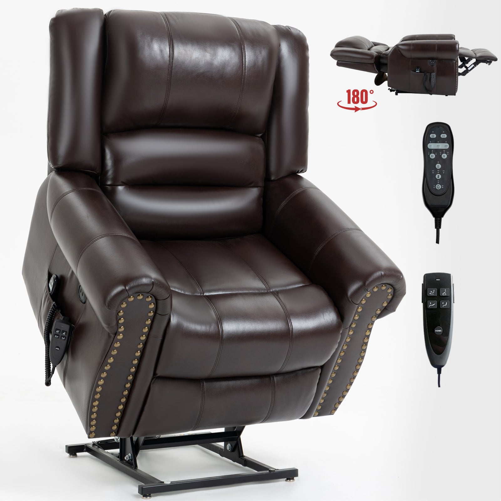 Power Lift Recliner Chair Heat Massage Dual Motor Infinite Position Up To 350 Lbs, Faux Leather, Heavy Duty Motion Mechanism With Usb Ports, Brown White Metal Primary Living Space Heavy Duty Pine Antique Brown Faux Leather Power Remote Medium Firm Pillow