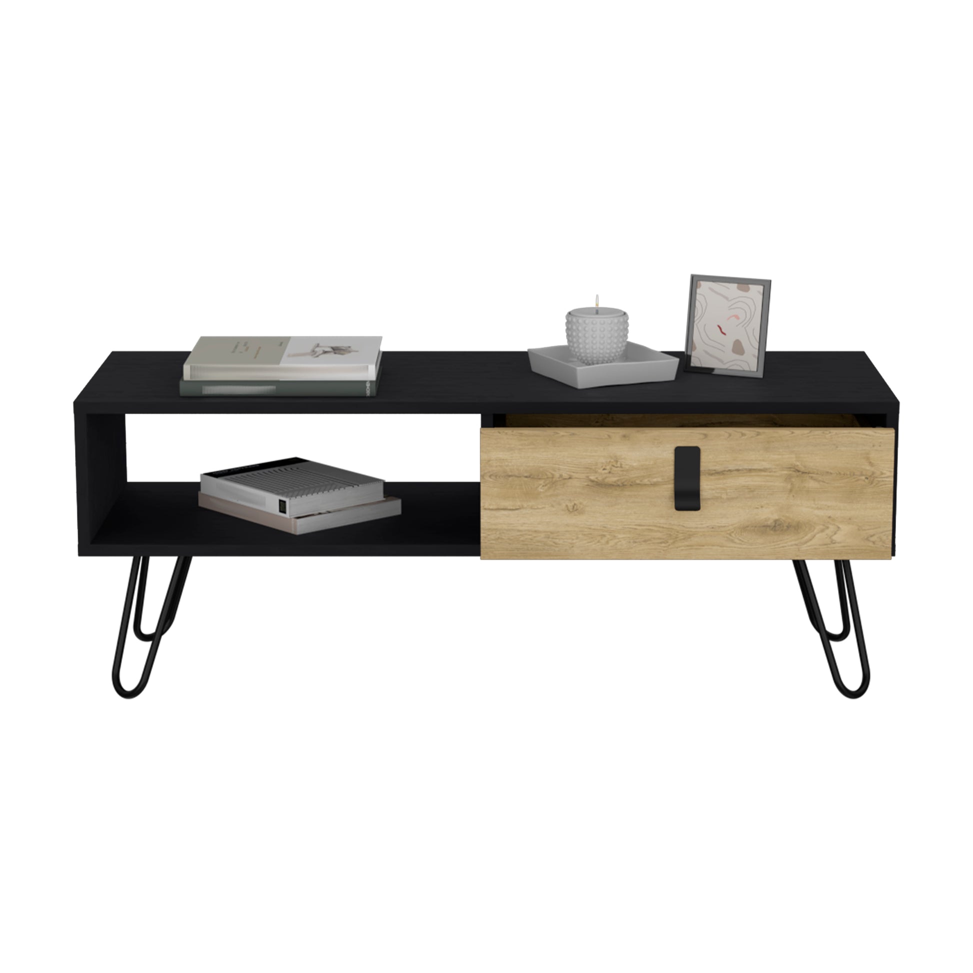 Huna Coffee Table With Hairpin Legs And Large Storage Drawer Multicolor Desk Top Primary Living Space Modern Manual Rectangular Shelves Coffee & End Tables Rectangular Mdf Engineered Wood