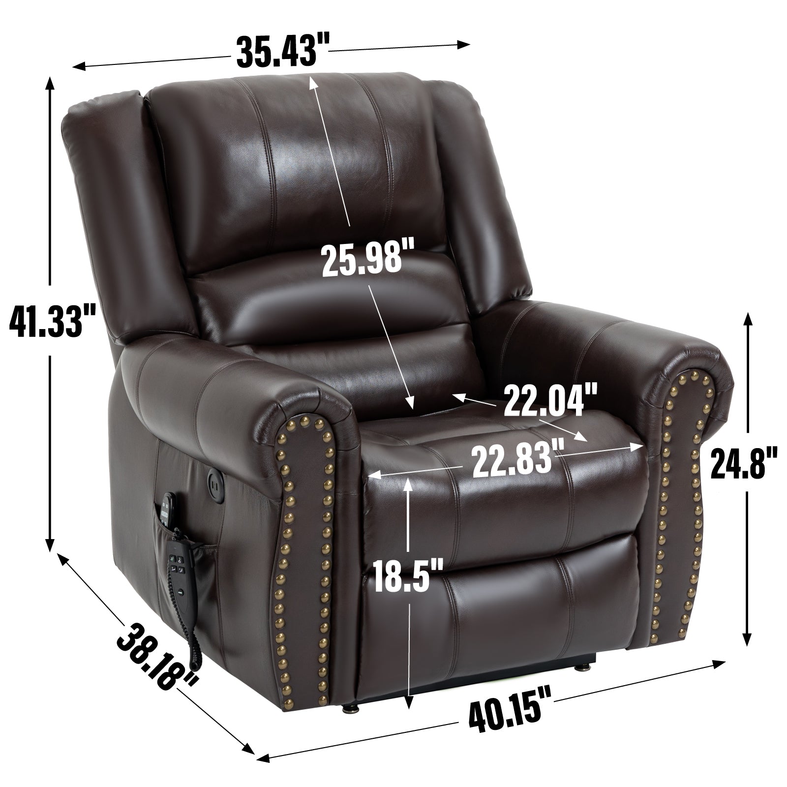 Power Lift Recliner Chair Heat Massage Dual Motor Infinite Position Up To 350 Lbs, Faux Leather, Heavy Duty Motion Mechanism With Usb Ports, Brown White Metal Primary Living Space Heavy Duty Pine Antique Brown Faux Leather Power Remote Medium Firm Pillow