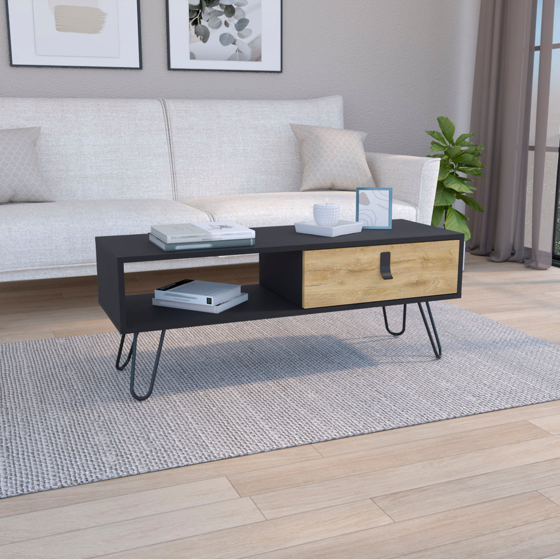 Huna Coffee Table With Hairpin Legs And Large Storage Drawer Multicolor Desk Top Primary Living Space Modern Manual Rectangular Shelves Coffee & End Tables Rectangular Mdf Engineered Wood