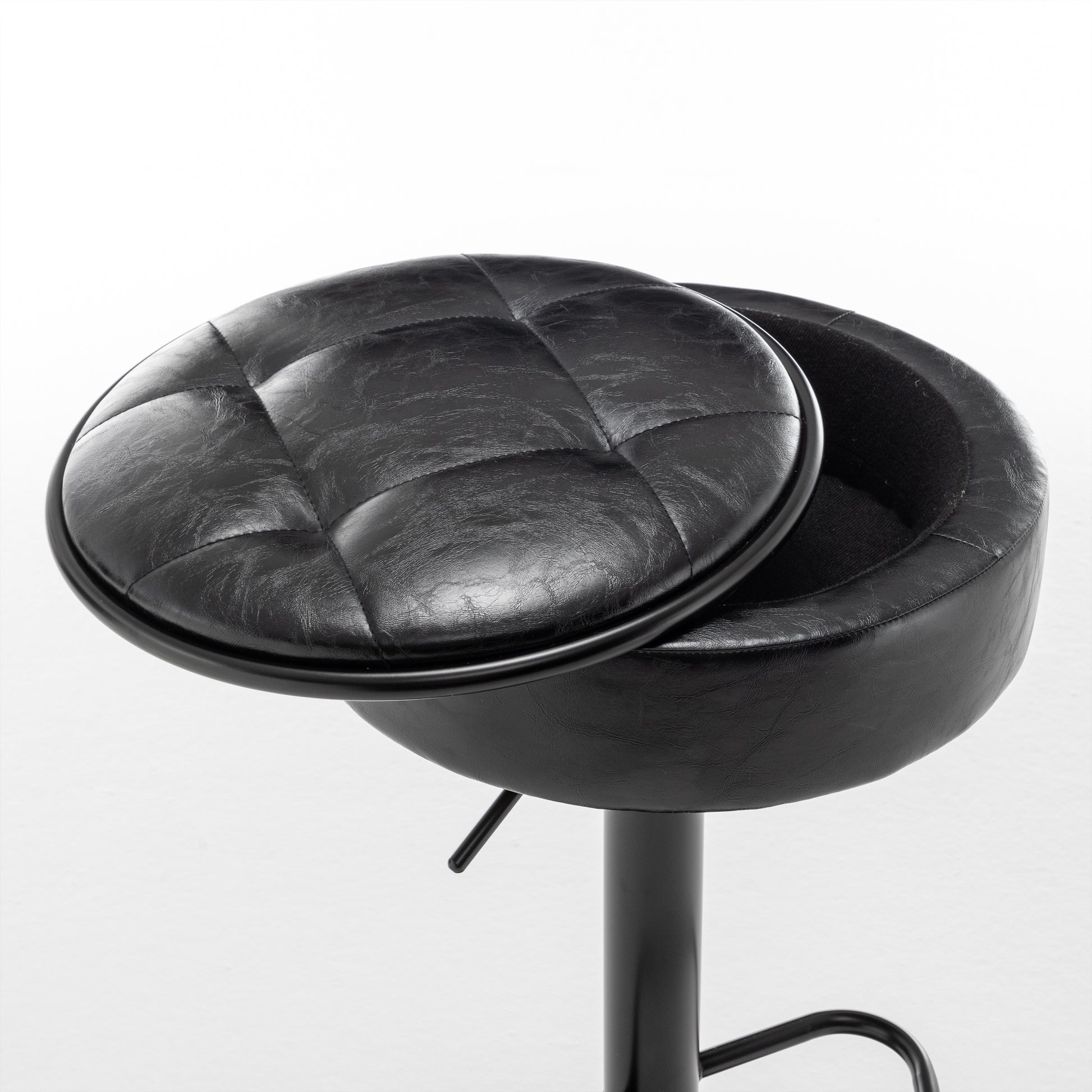 Round Storage Bar Stool Set Of 2, Black Faux Leather Height Adjustable Barstool, 360 Counter Height Swivel Stool, Armless Bar Chair With Metal Frame For Kitchen Counter Dining Living Room Black Set Of 2 Foam Pu Leather
