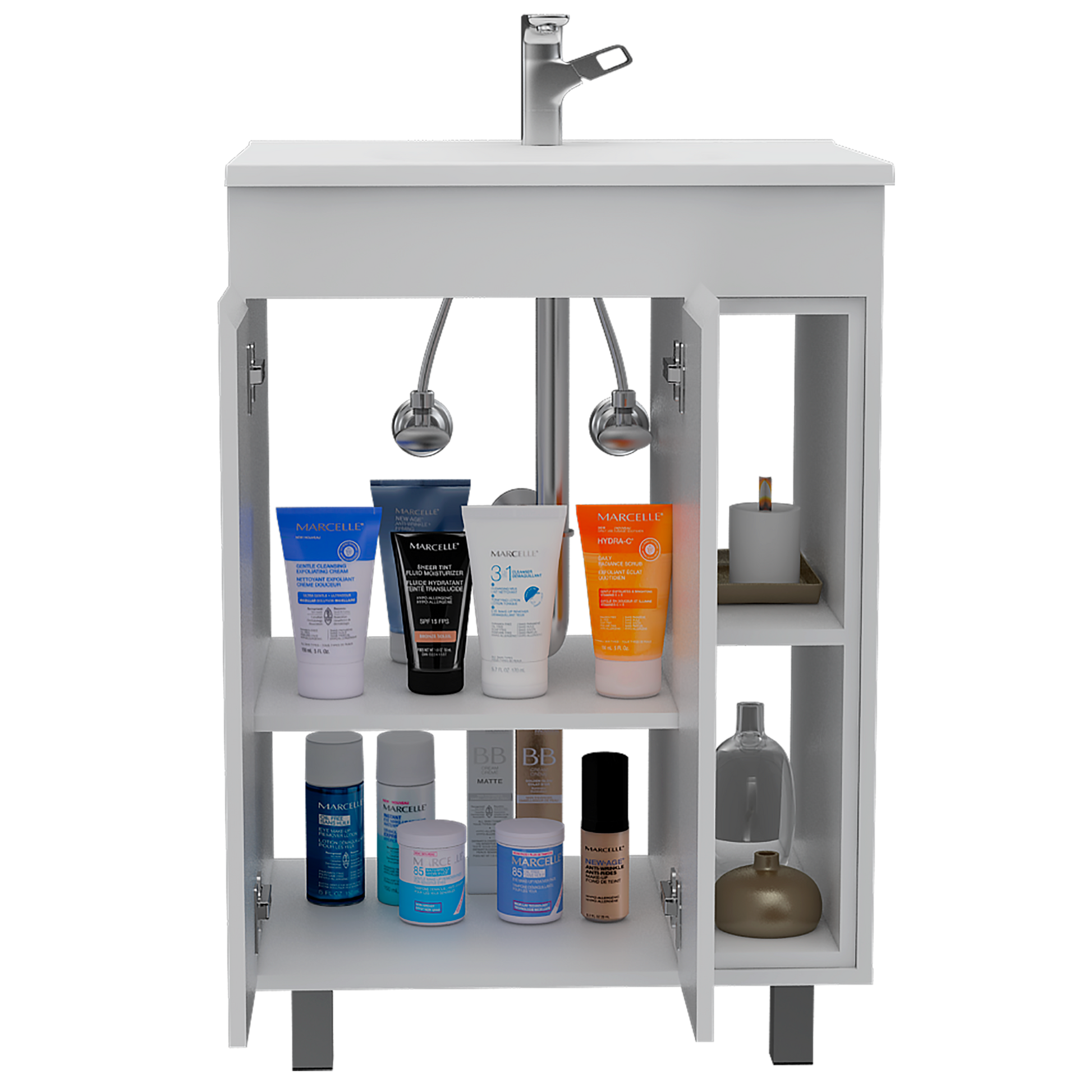 24" Meka Vanity, Two External Shelves, Double Door Cabinet White Hinged White Shelf White Bathroom Modern 2 Or Less Particle Board Particle Board
