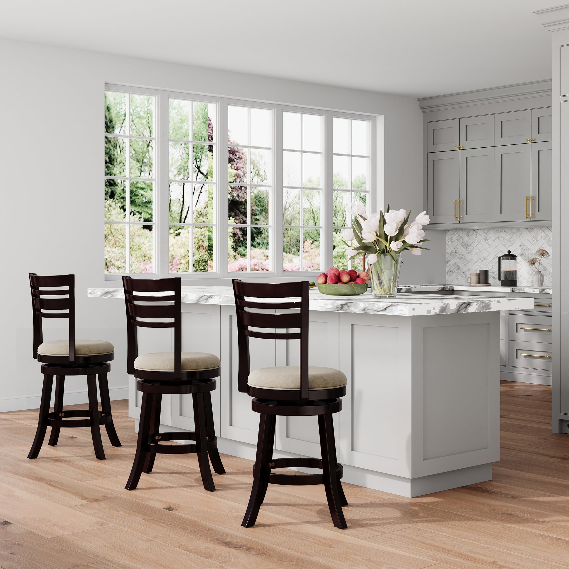 24" Counter Height Slat Back Swivel Stool, Espresso Finish, Beige Fabric Seat Espresso Fabric