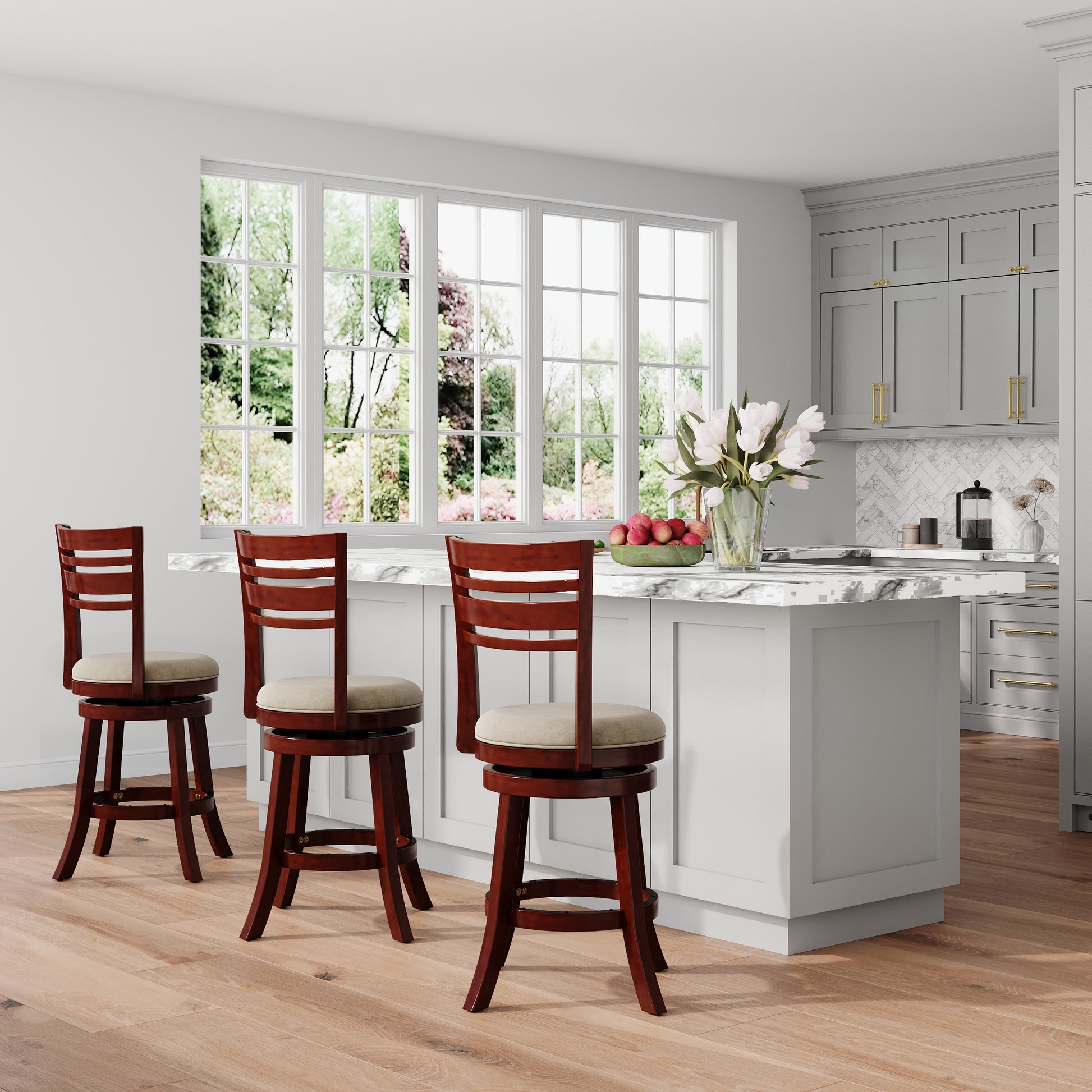 24" Counter Height Slat Back Swivel Stool, Cherry Finish, Beige Fabric Seat Cherry Fabric