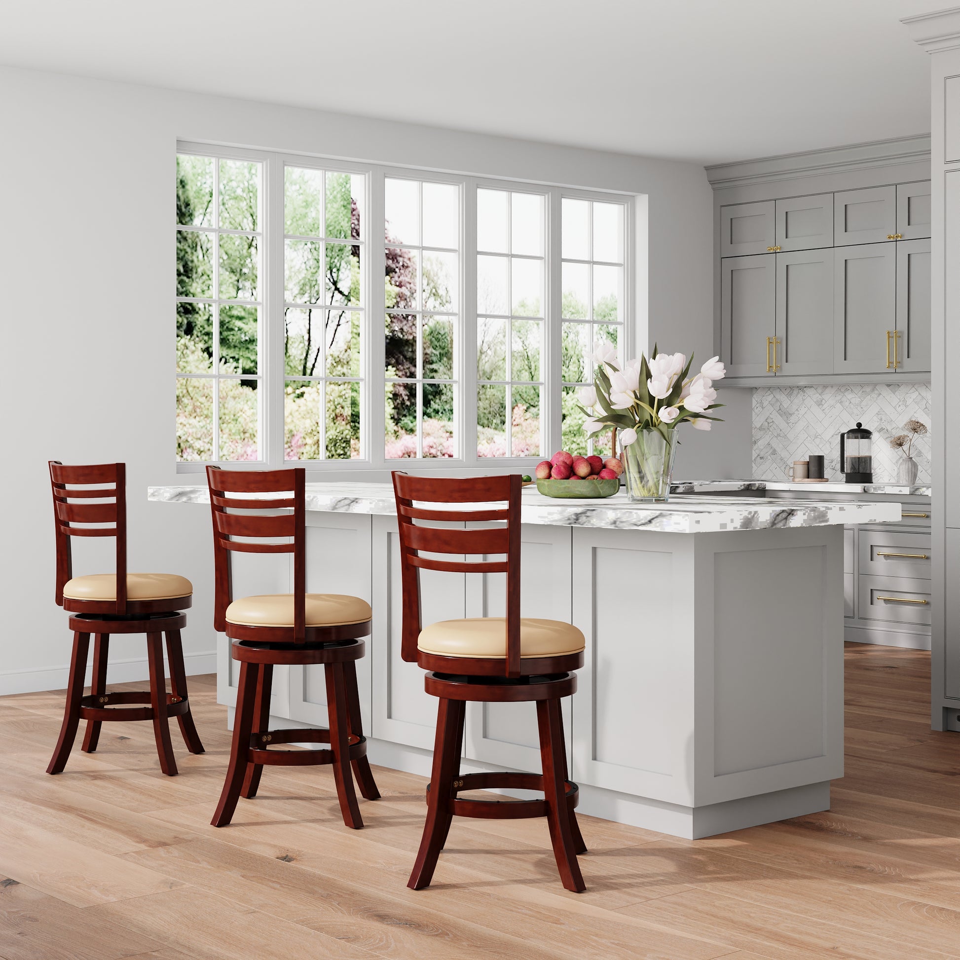 24" Counter Height Slat Back Swivel Stool, Cherry Finish, Bone Leather Seat Cherry Bonded Leather