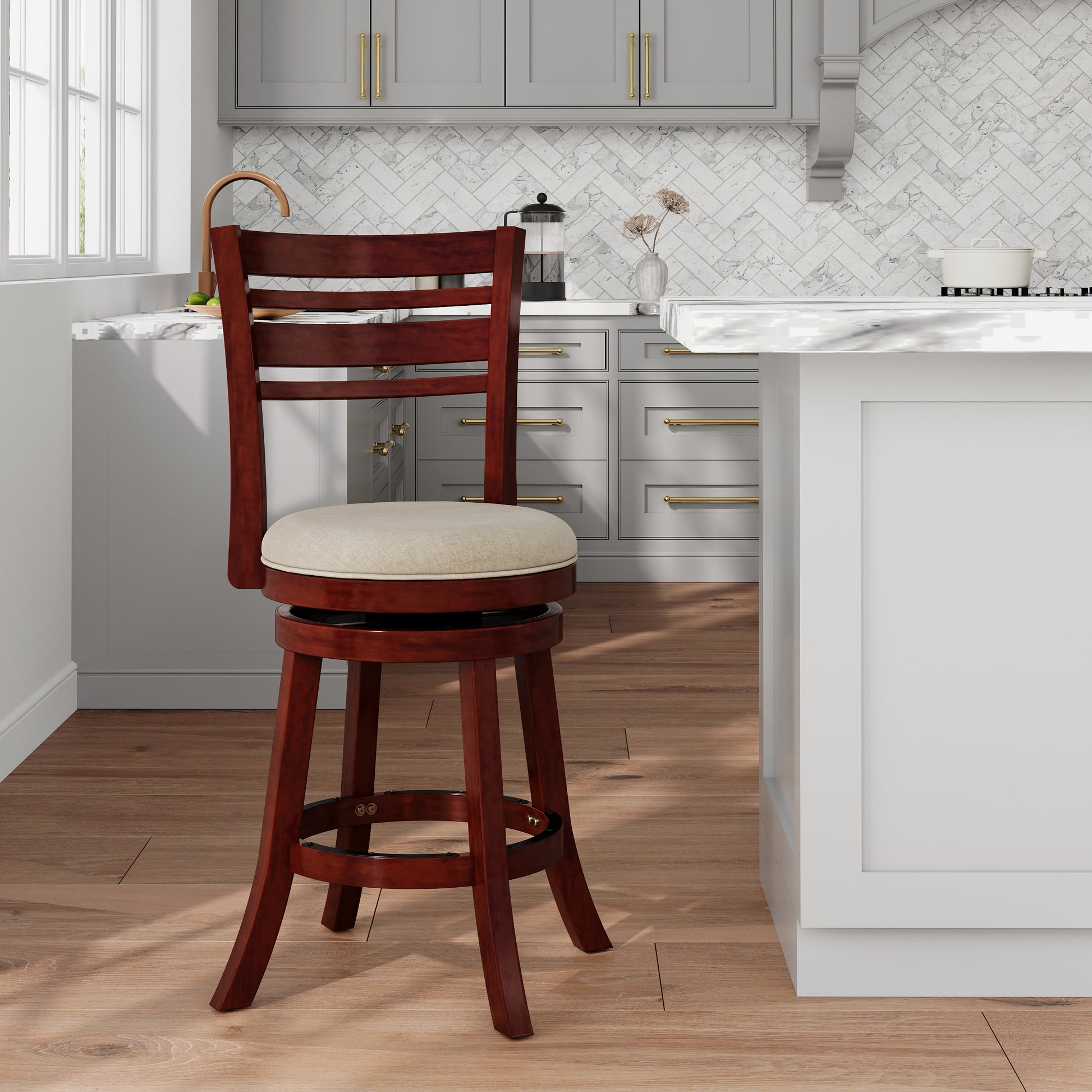 24" Counter Height Slat Back Swivel Stool, Cherry Finish, Beige Fabric Seat Cherry Fabric