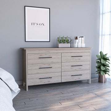Hms 6 Drawer Double Dresser, Four Legs, Superior Top, Six Drawers Light Gray Gray Bedroom Modern Particle Board Particle Board