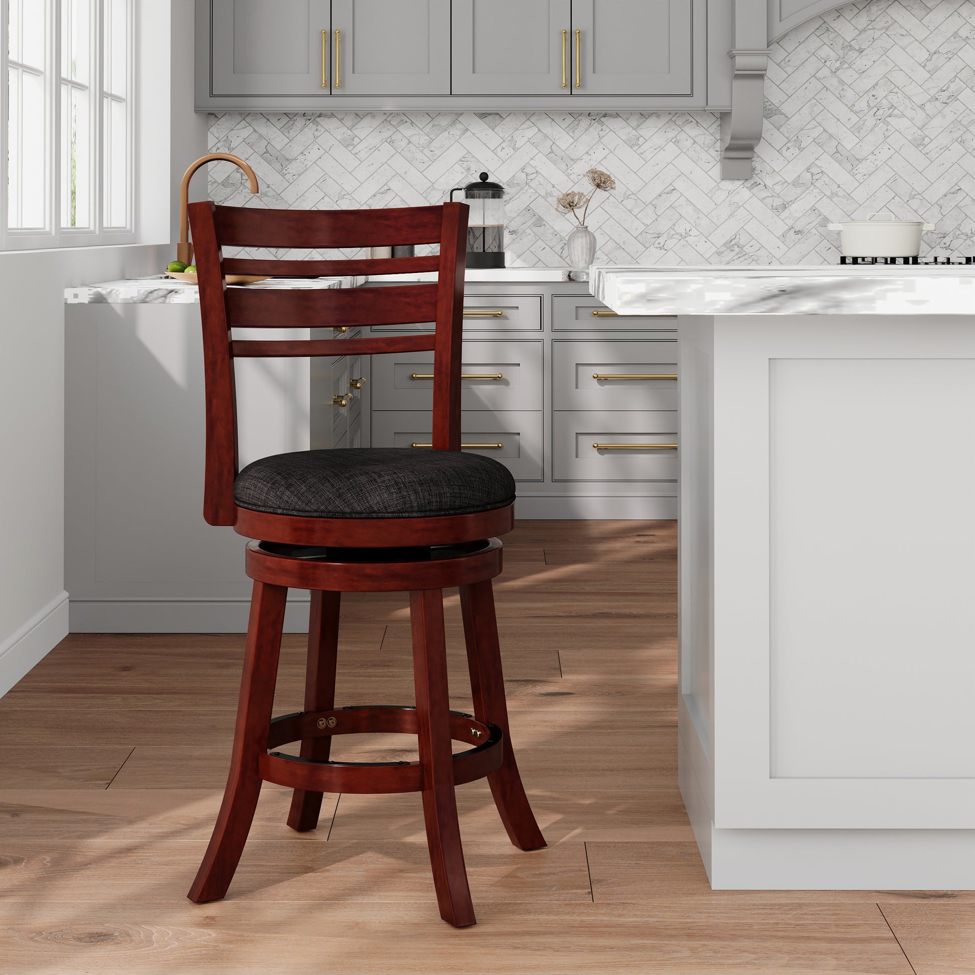 24" Counter Height Slat Back Swivel Stool, Cherry Finish, Charcoal Fabric Seat Cherry Fabric