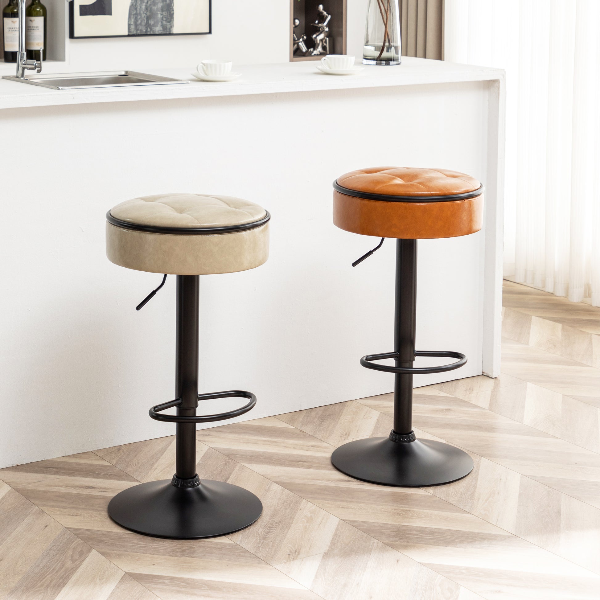 Round Storage Bar Stool Set Of 2, Brown Faux Leather Height Adjustable Barstool, 360 Counter Height Swivel Stool, Armless Bar Chair With Metal Frame For Kitchen Counter Dining Living Room Brown Set Of 2 Foam Pu Leather