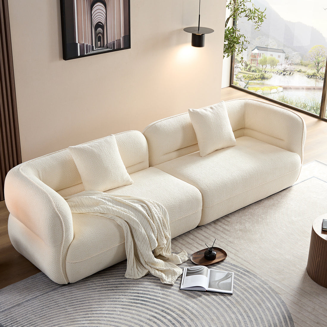 White Sectional Sofa, Durable Fabric, Solid Wood Frame, High Density Sponge Filler White Fabric 4 Seat