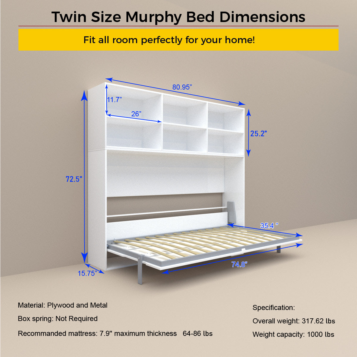 Mordern Design Twin Size Horizontal Murphy Bed With Shelf Storage For Bedroom Or Guestroom White Wall Bed Space Saving Hidden Bed With Style Gas Struts Box Spring Not Required Twin White Metal White Bedroom American Design,Cute,European,Modern Murphy