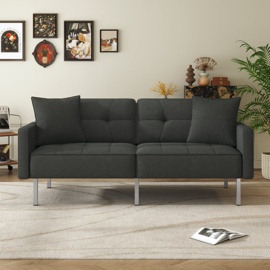 Orisfur. Linen Upholstered Modern Convertible Folding Futon Sofa Bed For Compact Living Space, Apartment, Dorm, Black Black Foam Linen