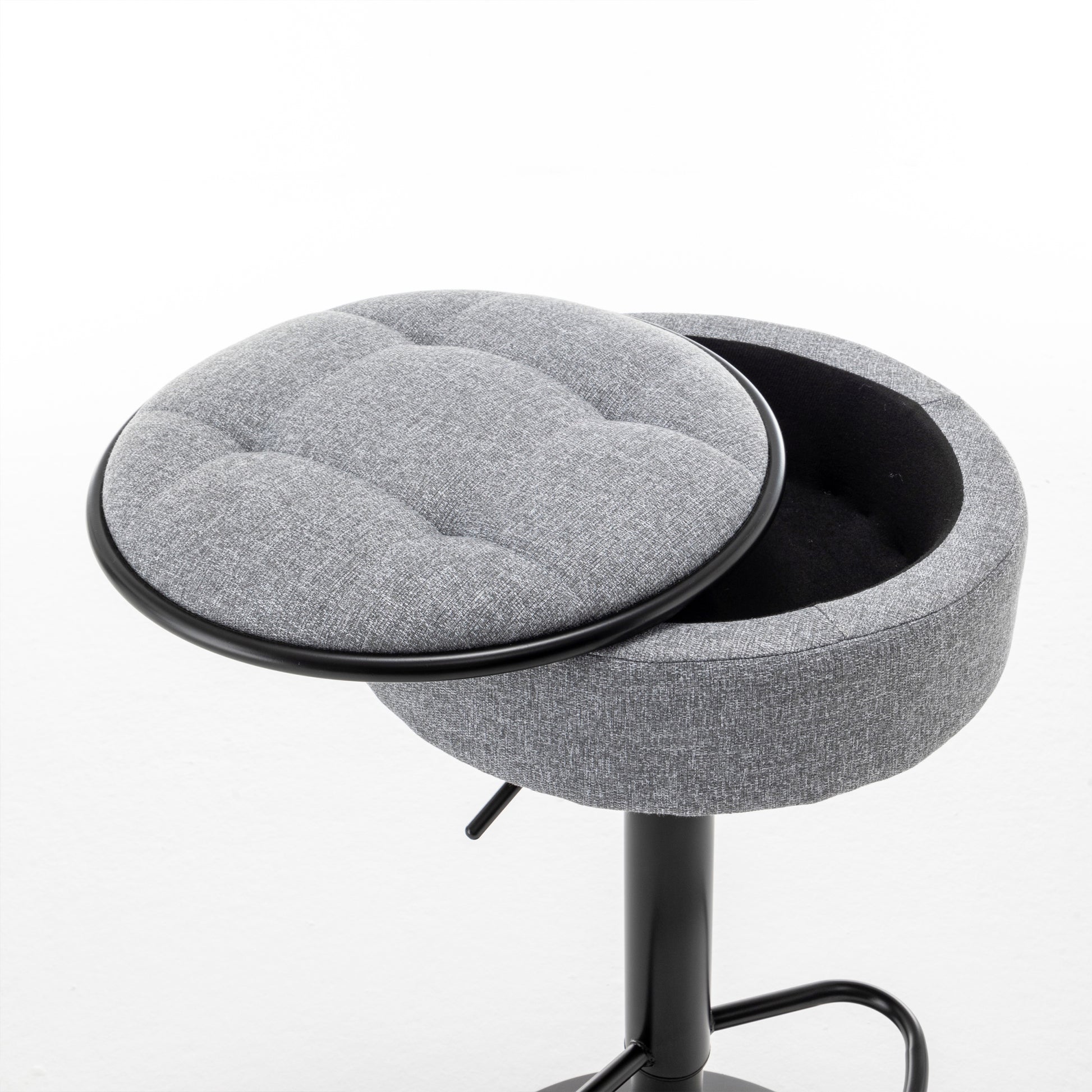 Round Storage Bar Stool Set Of 2, Grey Linen Height Adjustable Barstool, 360 Counter Height Swivel Stool, Armless Bar Chair With Metal Frame For Kitchen Counter Dining Living Room Grey Set Of 2 Foam Linen