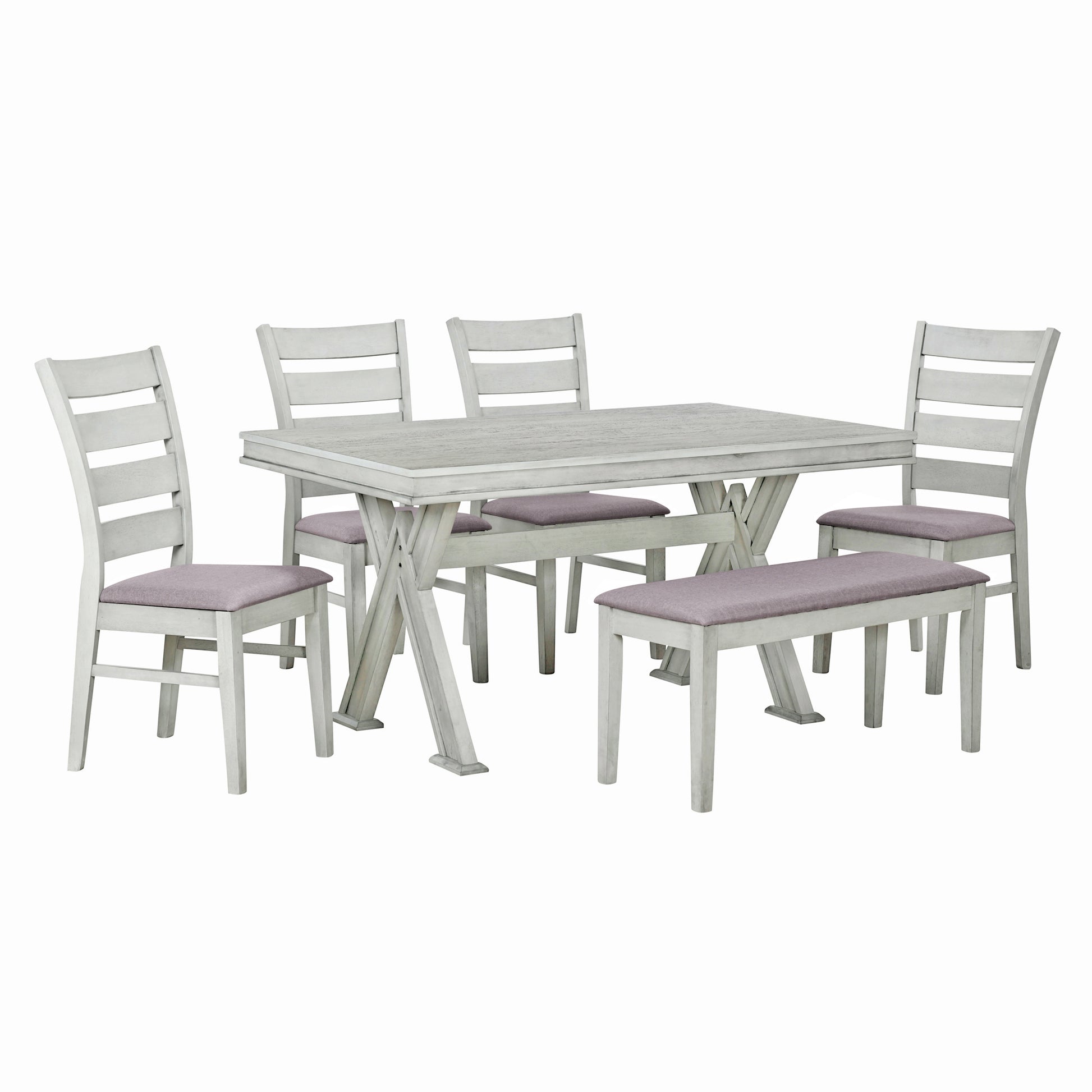 6 Piece Retro 59"L Rectangular Dining Table Set, Table With Unique Legs And 4 Upholstered Chairs & 1 Bench For Dining Room And Kitchen White Wood Dining Room Distressed Finish Rubberwood Rectangular Dining Table With Chair And Bench Upholstered Chair