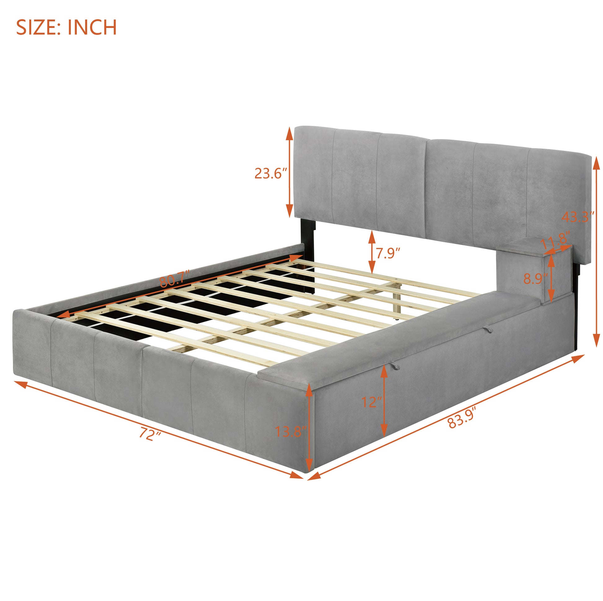 Queen Size Upholstered Platform Bed With Lateral Storage Compartments And Thick Fabric, Velvet, Gray Gray Velvet