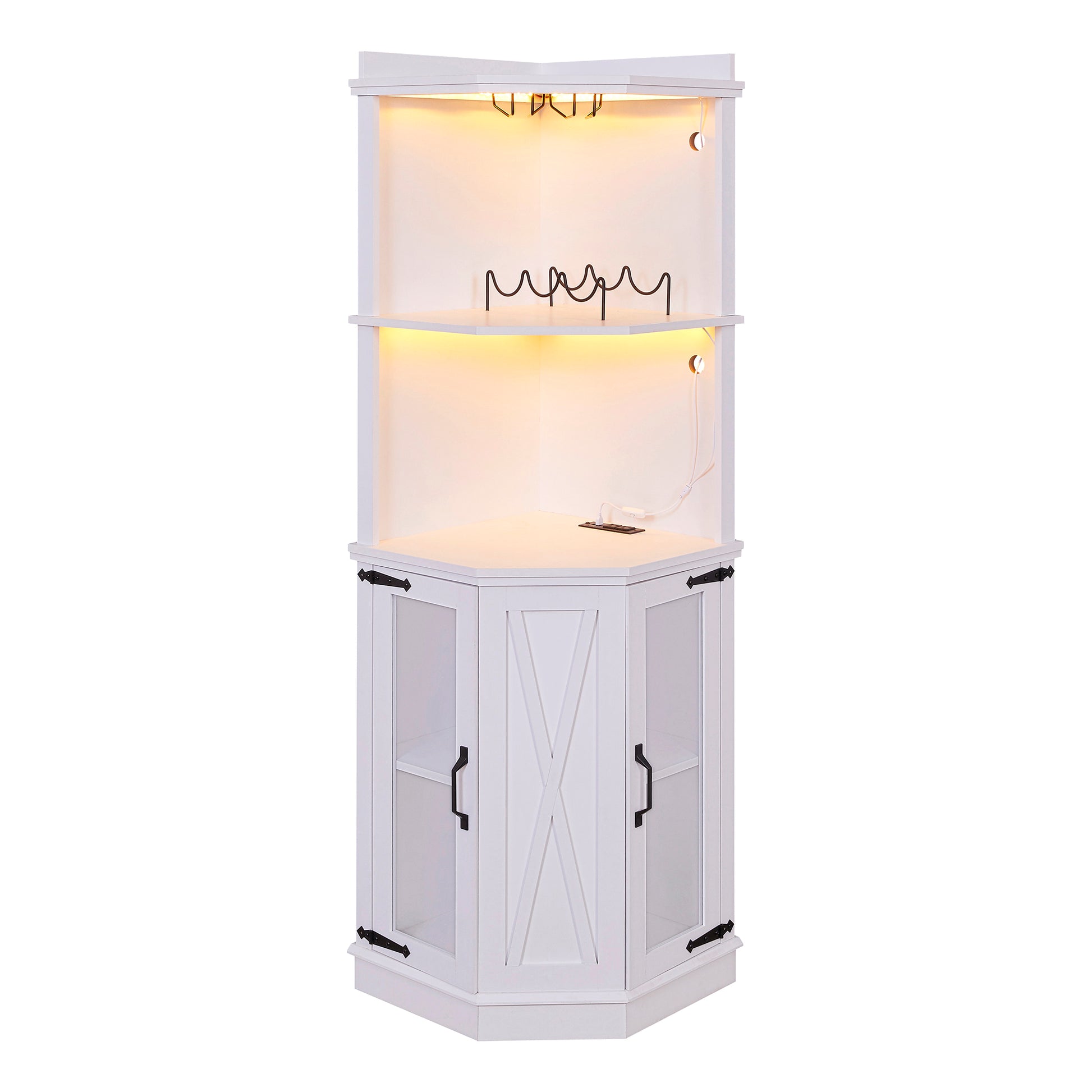 67.7" Corner Bar Cabinet With Power Outlet, Farmhouse Wine Bar Cabinet With Adjustable Shelves For Home,With Lights & Glass Rack For Dining Room, Living Room, Kitchen White Dining Room Classic Mdf