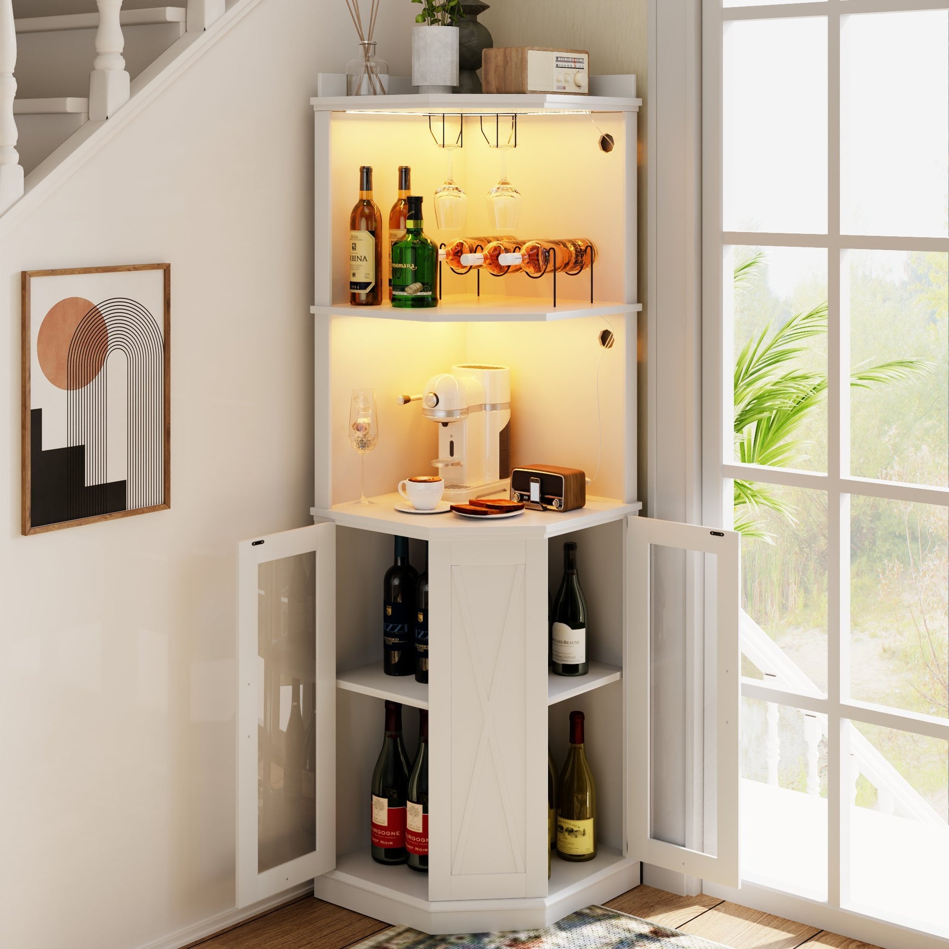 67.7" Corner Bar Cabinet With Power Outlet, Farmhouse Wine Bar Cabinet With Adjustable Shelves For Home,With Lights & Glass Rack For Dining Room, Living Room, Kitchen White Dining Room Classic Mdf