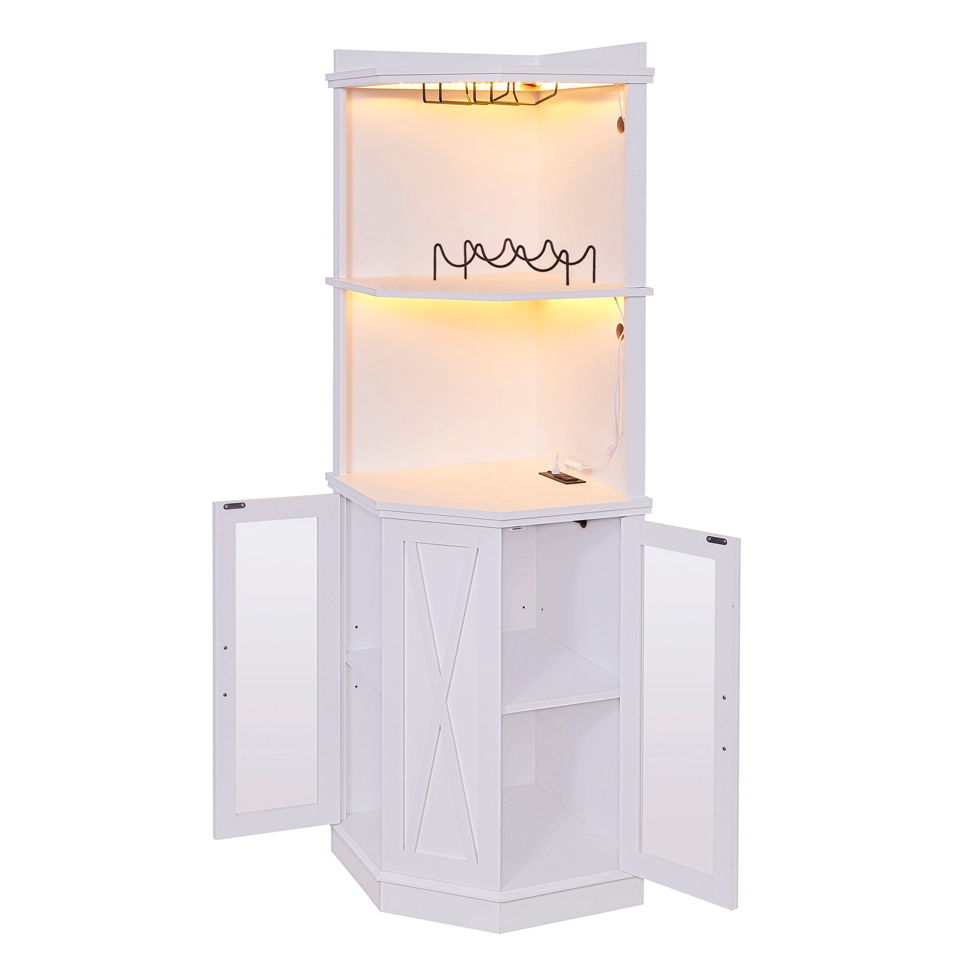 67.7" Corner Bar Cabinet With Power Outlet, Farmhouse Wine Bar Cabinet With Adjustable Shelves For Home,With Lights & Glass Rack For Dining Room, Living Room, Kitchen White Dining Room Classic Mdf