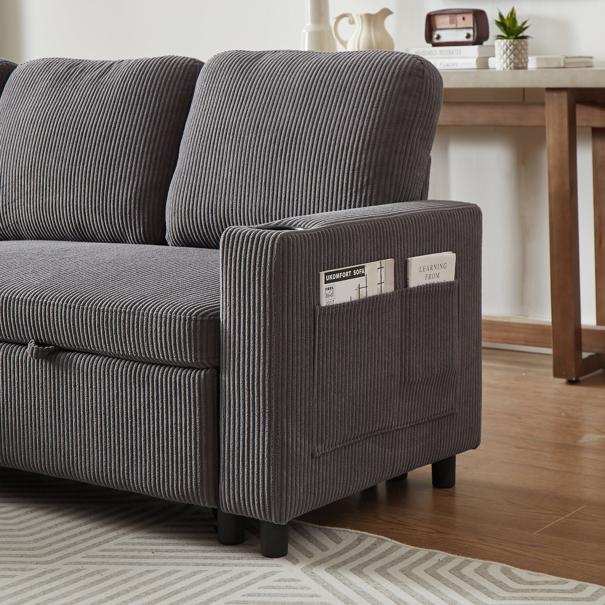 Fx78.7" Comfortable Corduroy L Shaped Combo Sofa Bed, Living Room Furniture Set For Tight Spaces, Reversible Sleeper Combo Sofa With Pullout Bed, Reversible Sofa Bed For Living Room, Office, Apartment Grey Wood Primary Living Space Foam Corduroy 3 Seat