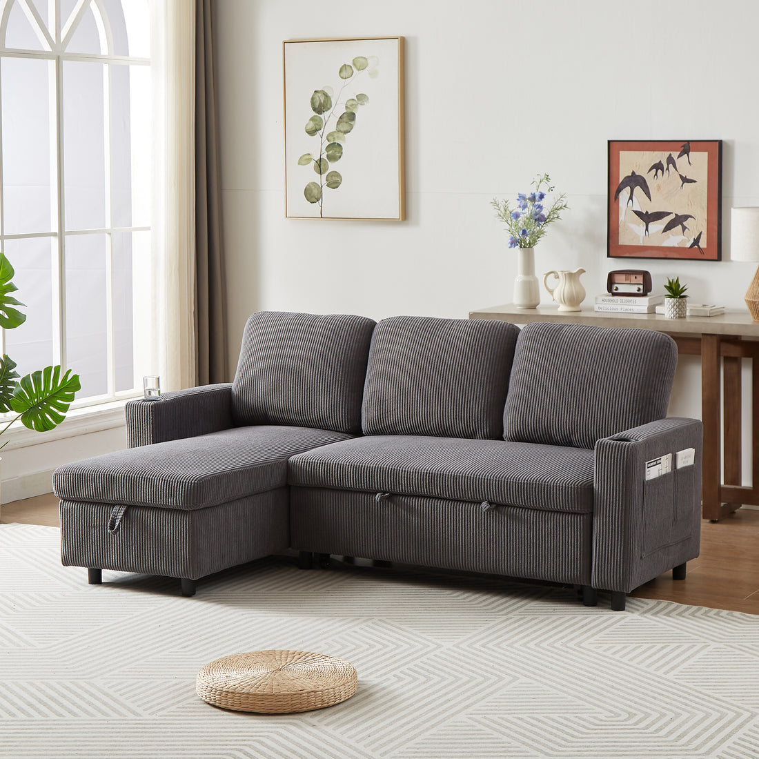 Fx78.7" Comfortable Corduroy L Shaped Combo Sofa Bed, Living Room Furniture Set For Tight Spaces, Reversible Sleeper Combo Sofa With Pullout Bed, Reversible Sofa Bed For Living Room,W1926S00011 Grey Wood Primary Living Space Foam Corduroy 3 Seat