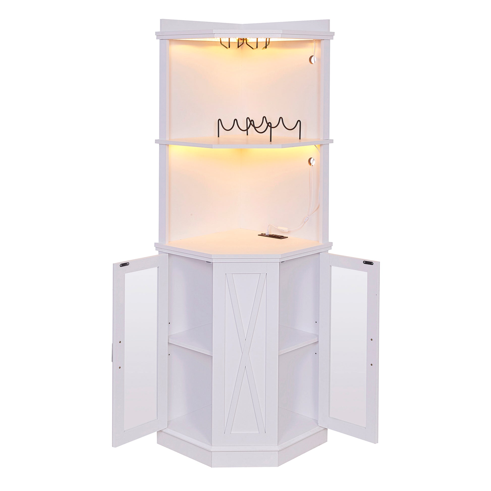 67.7" Corner Bar Cabinet With Power Outlet, Farmhouse Wine Bar Cabinet With Adjustable Shelves For Home,With Lights & Glass Rack For Dining Room, Living Room, Kitchen White Dining Room Classic Mdf