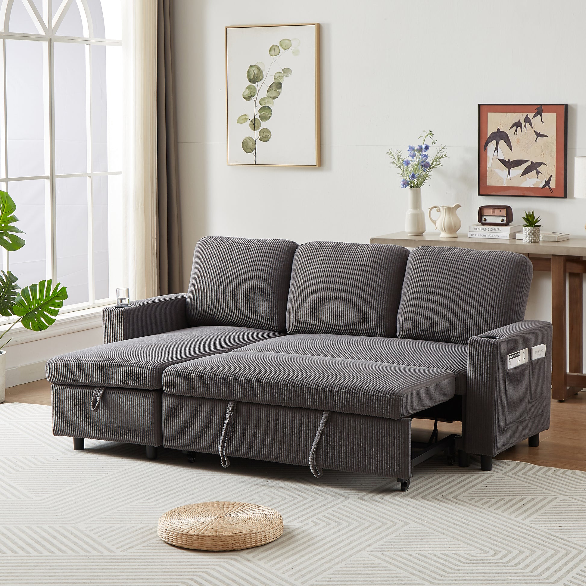 Fx78.7" Comfortable Corduroy L Shaped Combo Sofa Bed, Living Room Furniture Set For Tight Spaces, Reversible Sleeper Combo Sofa With Pullout Bed, Reversible Sofa Bed For Living Room,W1926S00011 Grey Wood Primary Living Space Foam Corduroy 3 Seat