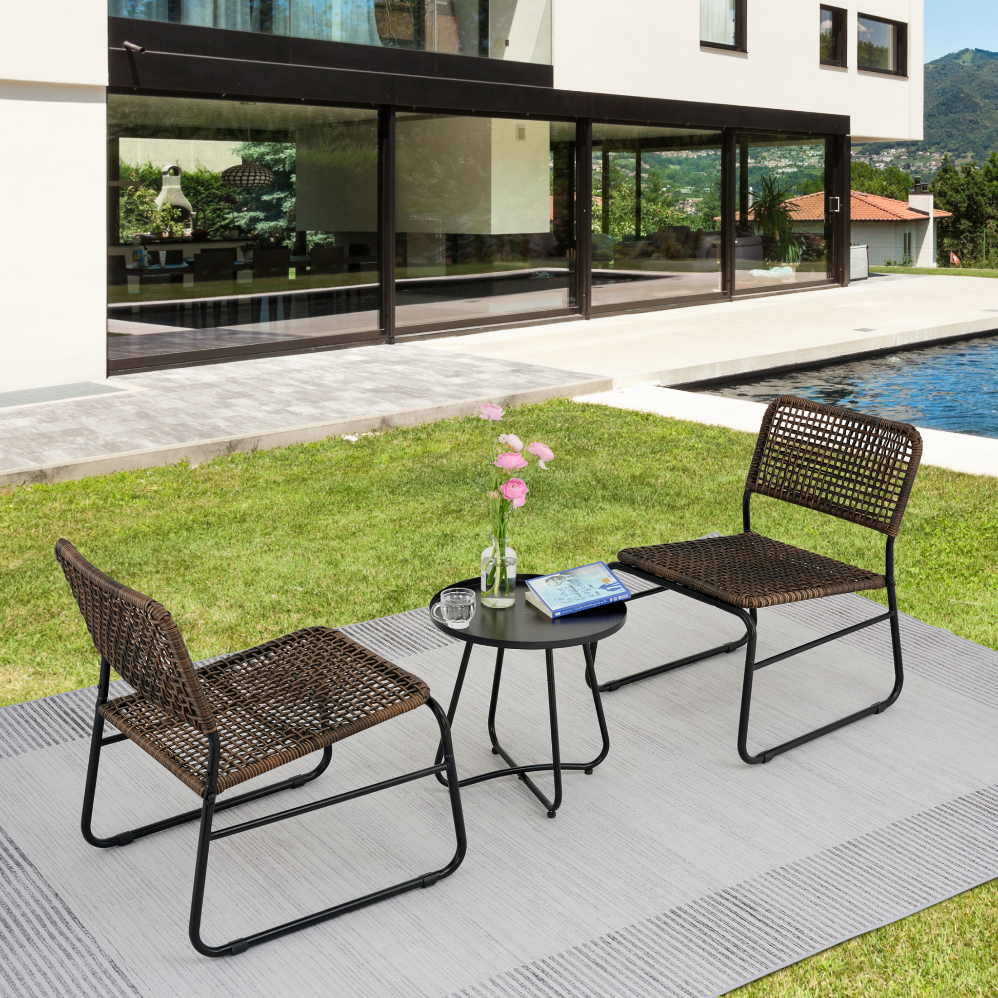 Patio Furniture Set 3 Piece Mixture Pattern Pe Rattan Steel Frame And Modern Round Table, Brown And Black No Sectional Black Brown Seats 2 Rust Resistant Frame Garden & Outdoor American Design,American Traditional,Antique,Vintage 2 Person Seating Group