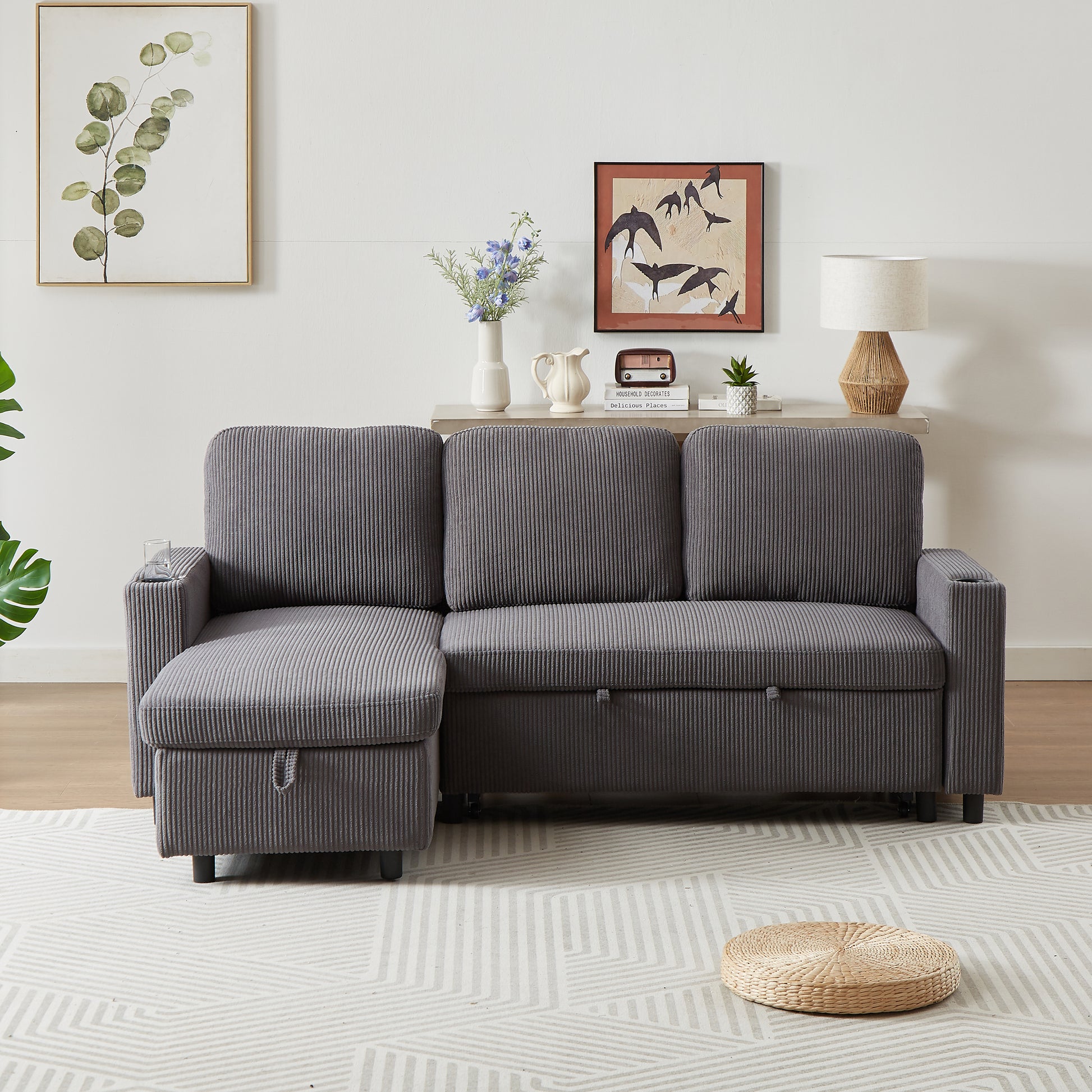 Fx78.7" Comfortable Corduroy L Shaped Combo Sofa Bed, Living Room Furniture Set For Tight Spaces, Reversible Sleeper Combo Sofa With Pullout Bed, Reversible Sofa Bed For Living Room,W1926S00011 Grey Wood Primary Living Space Foam Corduroy 3 Seat