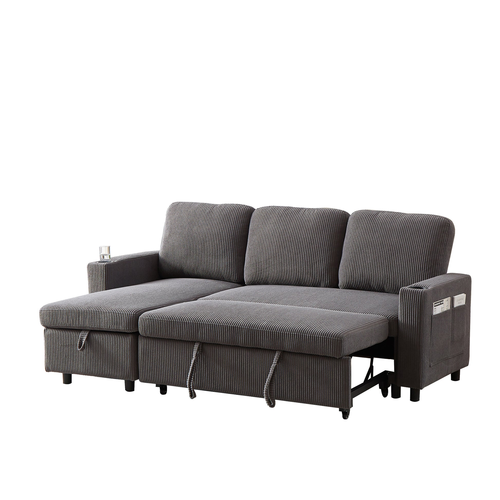 Fx78.7" Comfortable Corduroy L Shaped Combo Sofa Bed, Living Room Furniture Set For Tight Spaces, Reversible Sleeper Combo Sofa With Pullout Bed, Reversible Sofa Bed For Living Room, Office, Apartment Grey Wood Primary Living Space Foam Corduroy 3 Seat