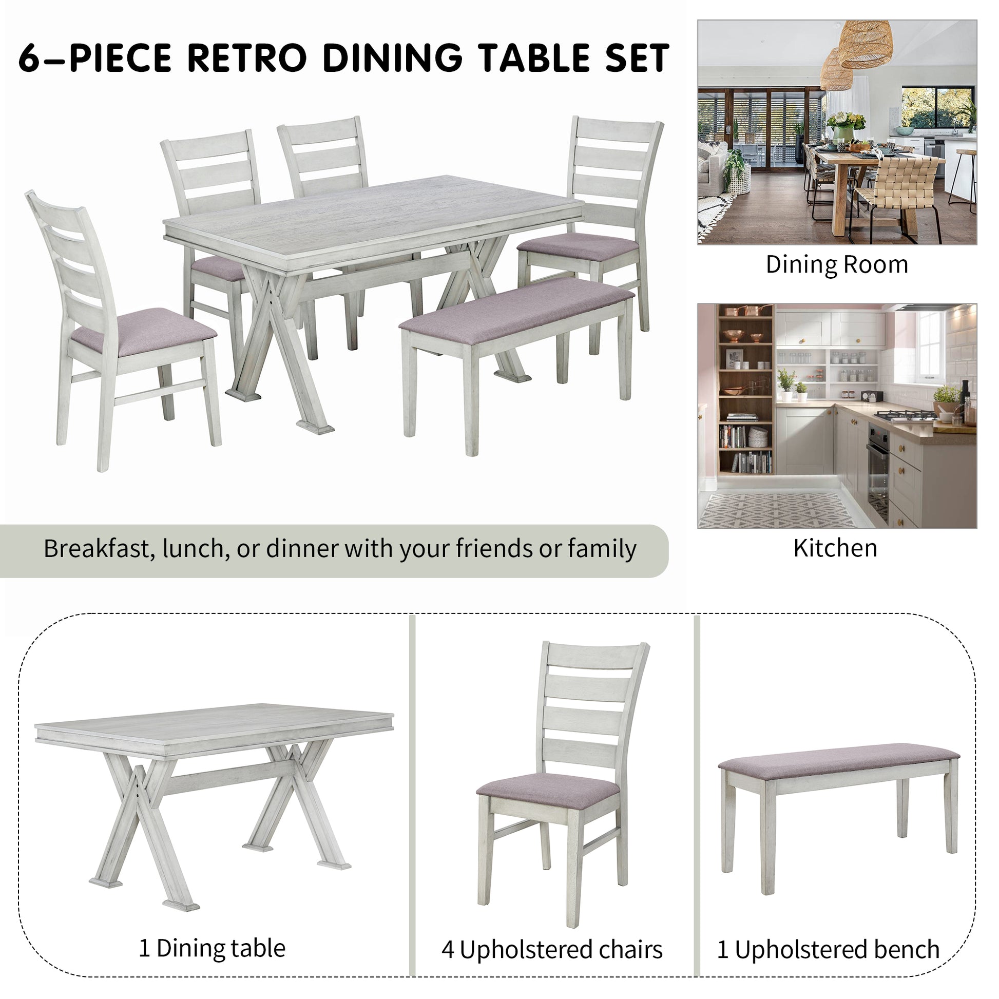 6 Piece Retro 59"L Rectangular Dining Table Set, Table With Unique Legs And 4 Upholstered Chairs & 1 Bench For Dining Room And Kitchen White Wood Dining Room Distressed Finish Rubberwood Rectangular Dining Table With Chair And Bench Upholstered Chair