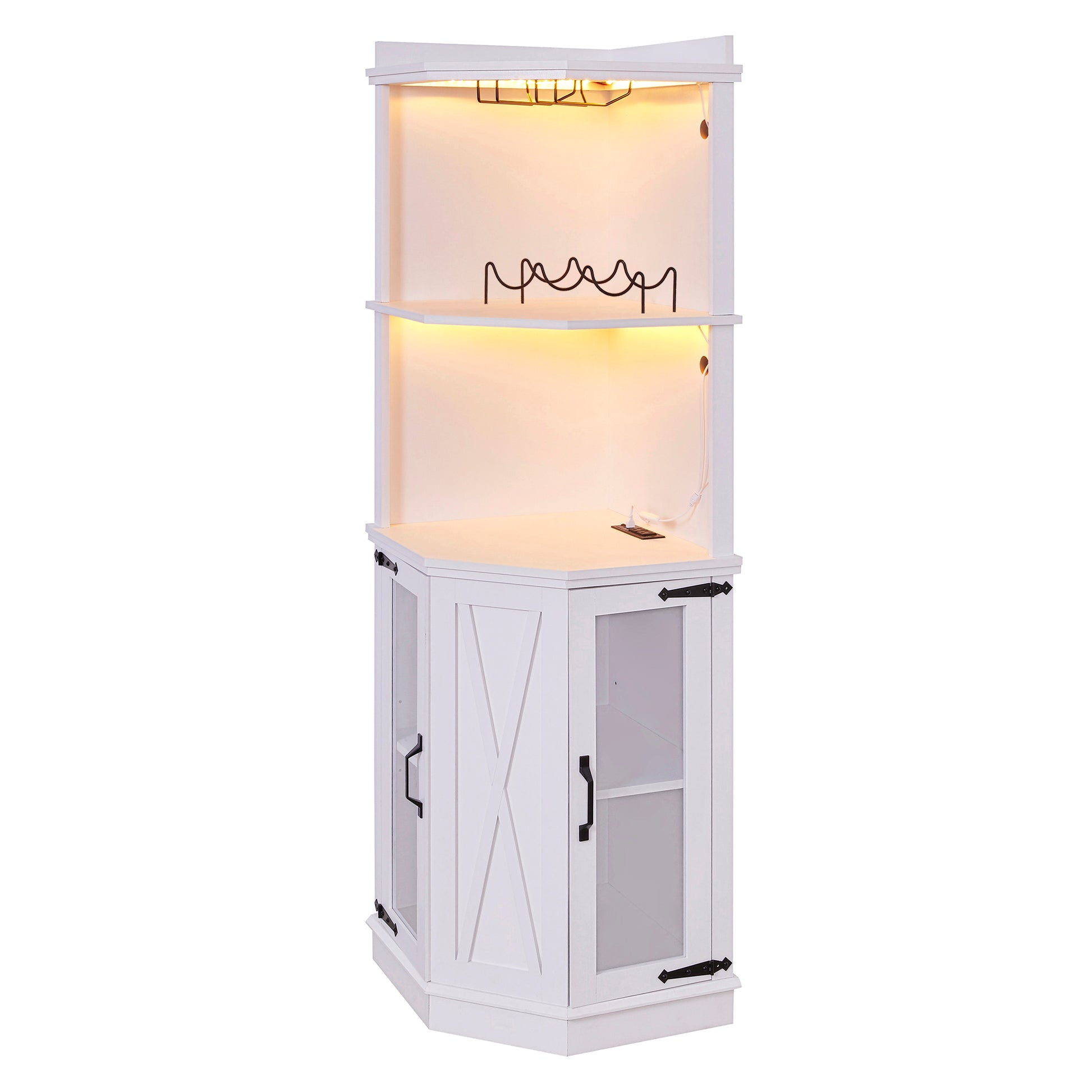 67.7" Corner Bar Cabinet With Power Outlet, Farmhouse Wine Bar Cabinet With Adjustable Shelves For Home,With Lights & Glass Rack For Dining Room, Living Room, Kitchen White Dining Room Classic Mdf