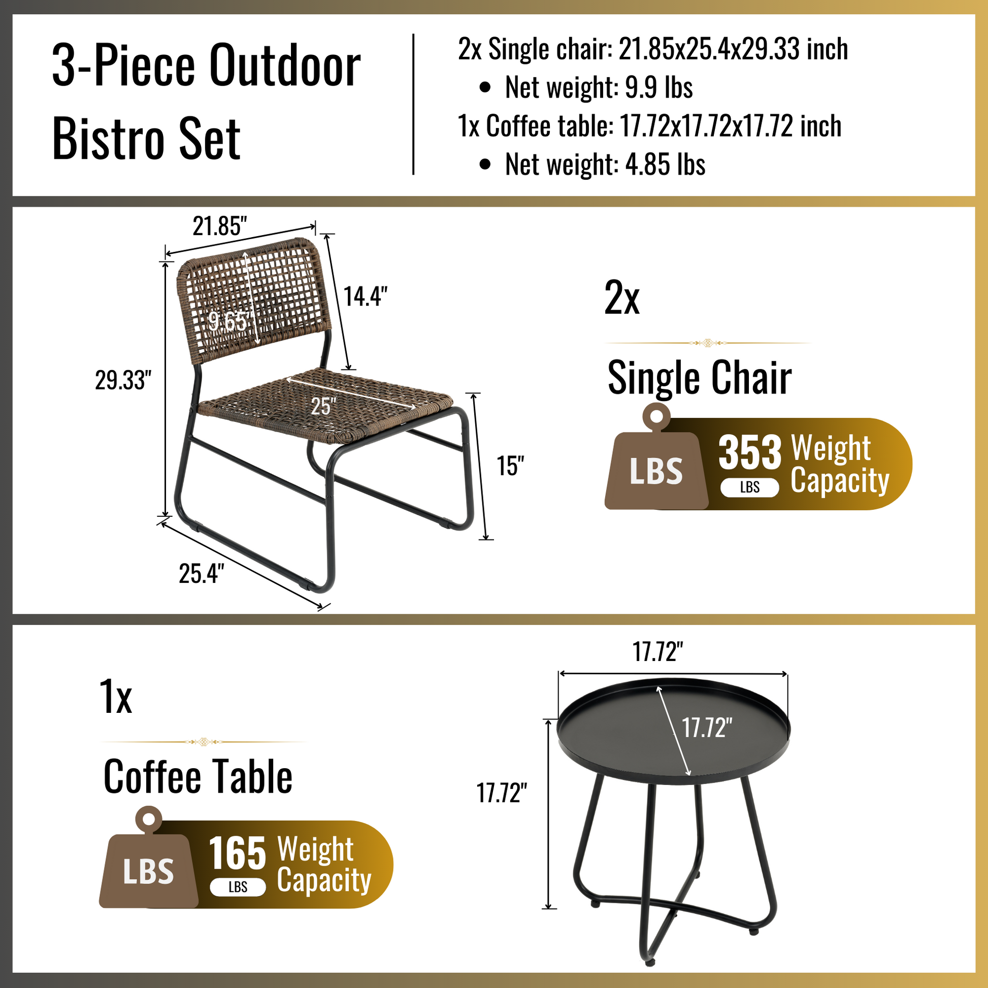 Patio Furniture Set 3 Piece Mixture Pattern Pe Rattan Steel Frame And Modern Round Table, Brown And Black No Sectional Black Brown Seats 2 Rust Resistant Frame Garden & Outdoor American Design,American Traditional,Antique,Vintage 2 Person Seating Group
