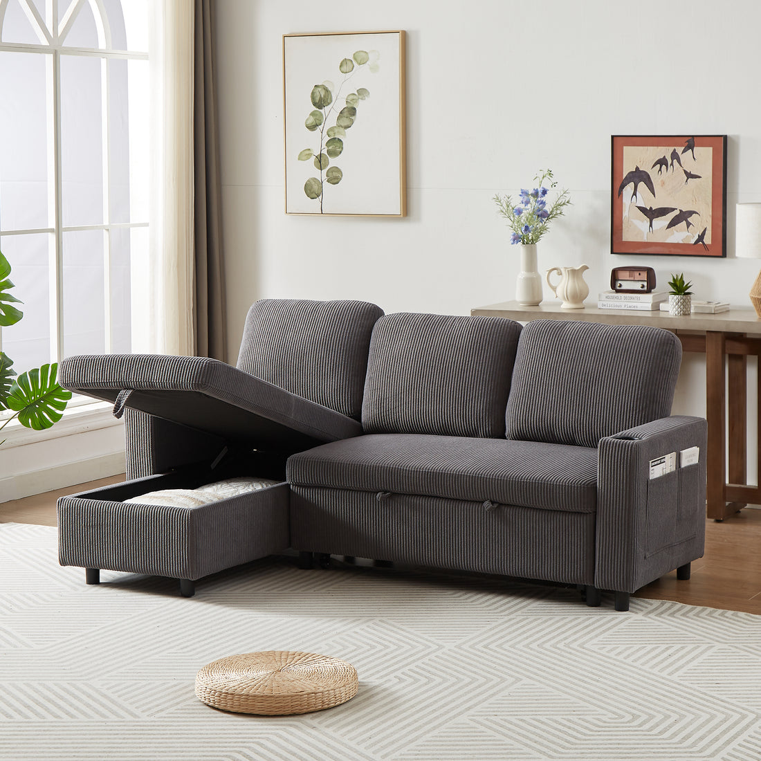 Fx78.7" Comfortable Corduroy L Shaped Combo Sofa Bed, Living Room Furniture Set For Tight Spaces, Reversible Sleeper Combo Sofa With Pullout Bed, Reversible Sofa Bed For Living Room,W1926S00011 Grey Wood Primary Living Space Foam Corduroy 3 Seat
