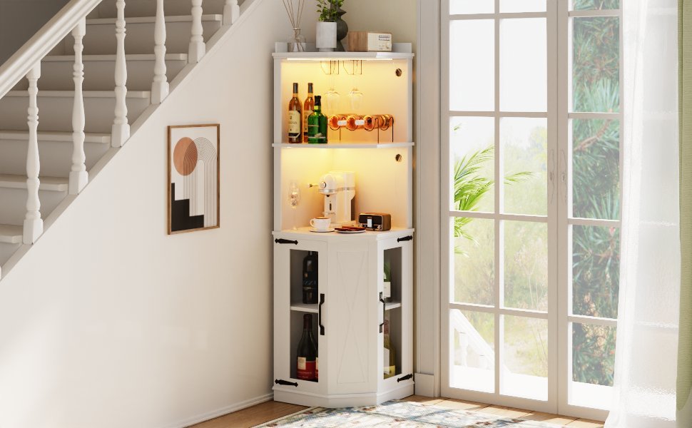 67.7" Corner Bar Cabinet With Power Outlet, Farmhouse Wine Bar Cabinet With Adjustable Shelves For Home,With Lights & Glass Rack For Dining Room, Living Room, Kitchen White Dining Room Classic Mdf