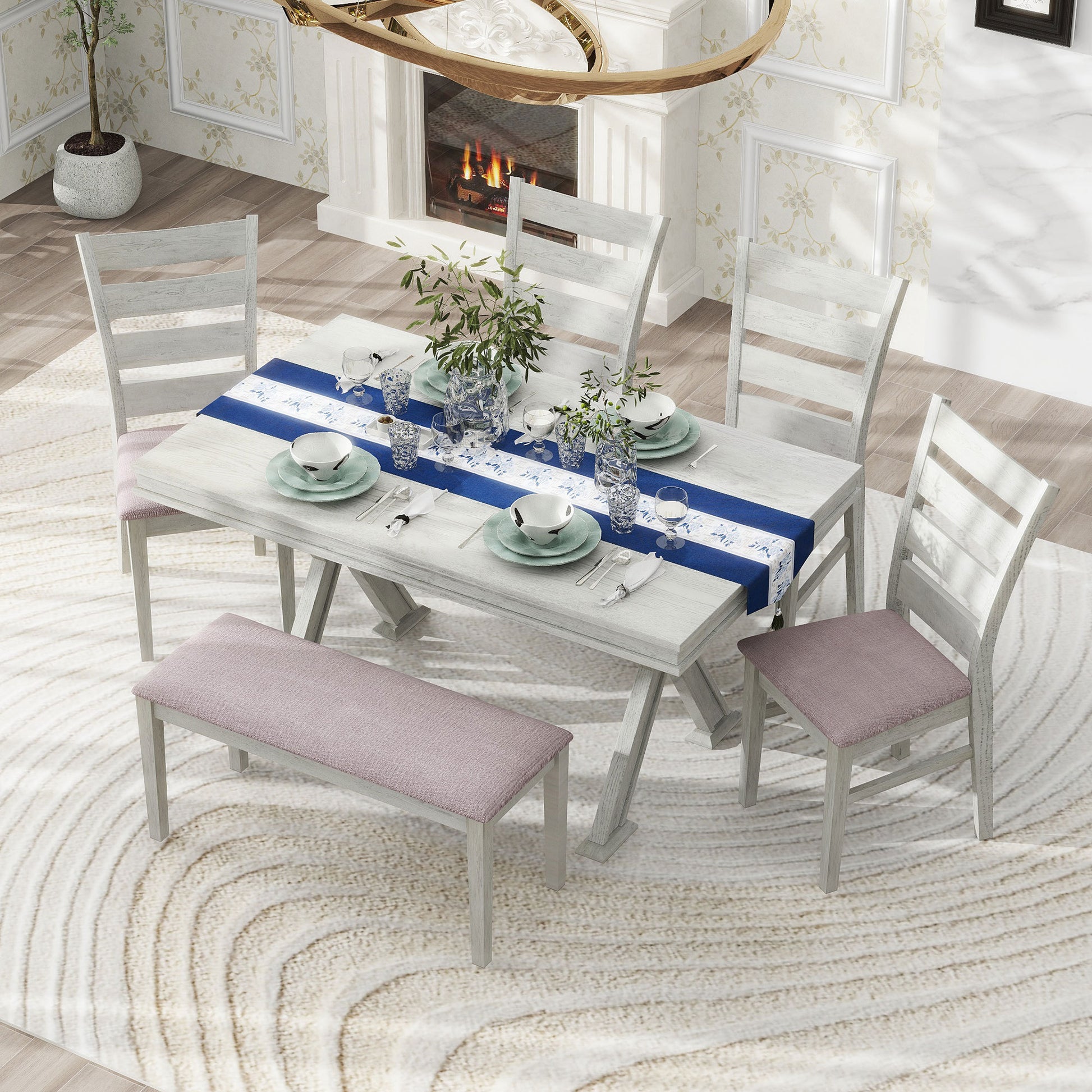 6 Piece Retro 59"L Rectangular Dining Table Set, Table With Unique Legs And 4 Upholstered Chairs & 1 Bench For Dining Room And Kitchen White Wood Dining Room Distressed Finish Rubberwood Rectangular Dining Table With Chair And Bench Upholstered Chair