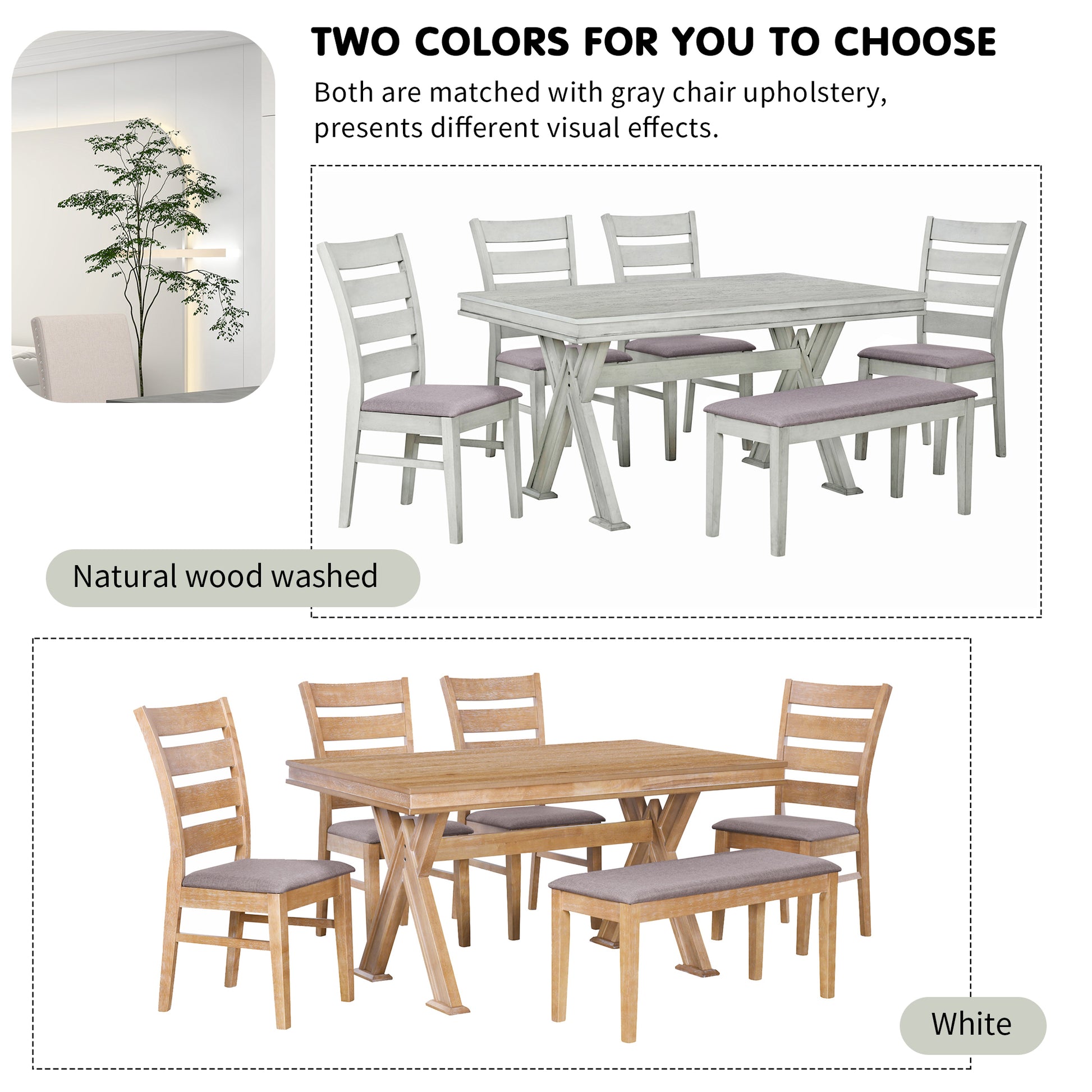 6 Piece Retro 59"L Rectangular Dining Table Set, Table With Unique Legs And 4 Upholstered Chairs & 1 Bench For Dining Room And Kitchen White Wood Dining Room Distressed Finish Rubberwood Rectangular Dining Table With Chair And Bench Upholstered Chair