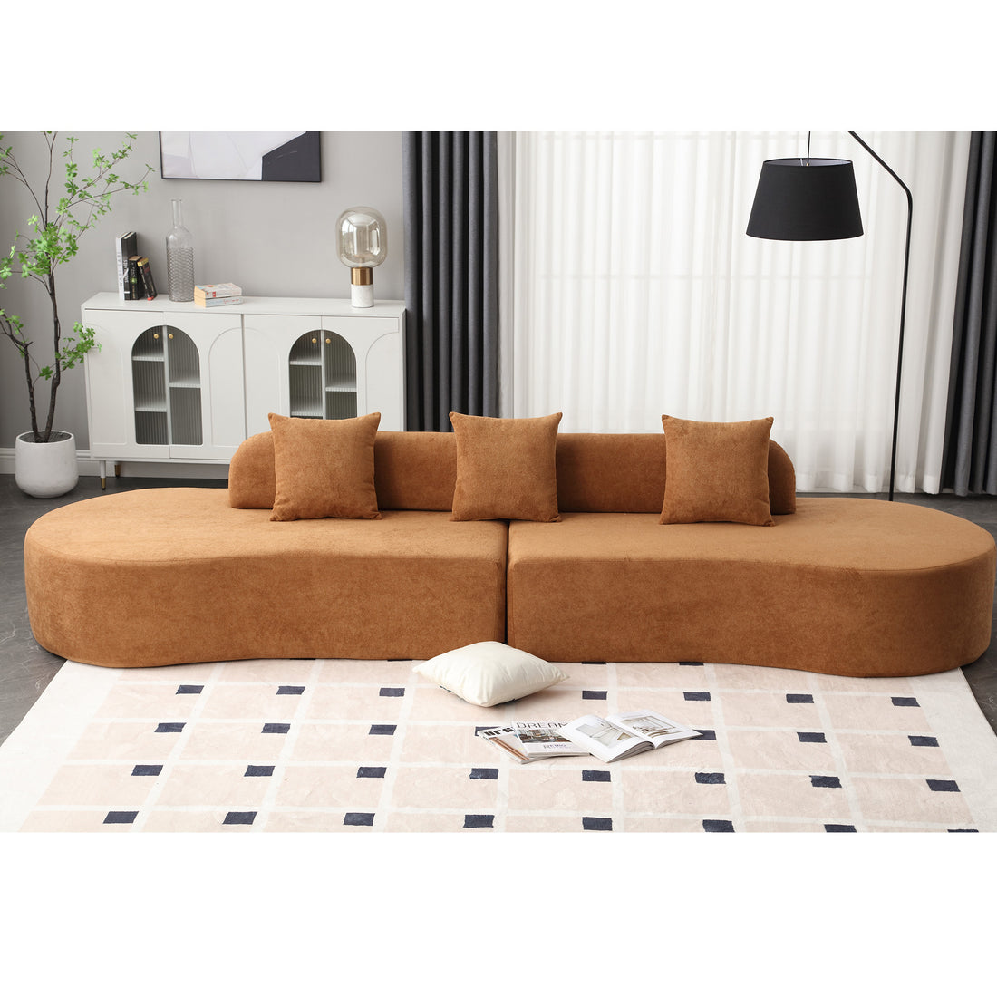 Arrived Modern Curved Combination Sofa, Terrycloth Fabric Sofa, Minimalist Sofa In Living Room, Apartment, No Assembly Required, Three Pillows,Browm Brown Primary Living Space Medium Soft Polyester 4 Seat