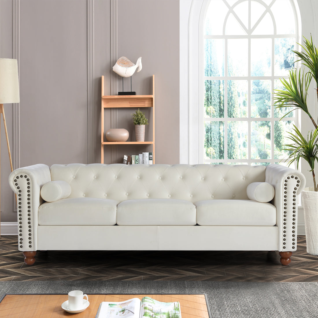 Classic Traditional Living Room Upholstered Sofa With Velvet Fabric Surface Chesterfield Tufted Fabric Sofa Couch, Large White White Primary Living Space Medium Soft Cushion Back Square Arms Foam Velvet 3 Seat
