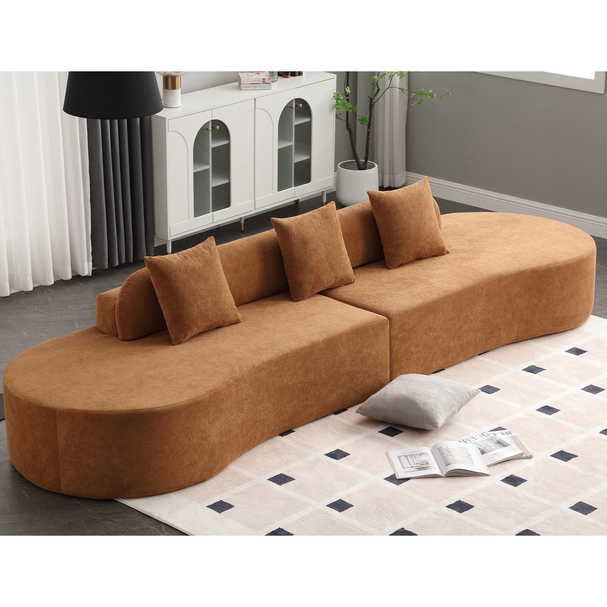 Arrived Modern Curved Combination Sofa, Terrycloth Fabric Sofa, Minimalist Sofa In Living Room, Apartment, No Assembly Required, Three Pillows,Browm Brown Primary Living Space Medium Soft Polyester 4 Seat