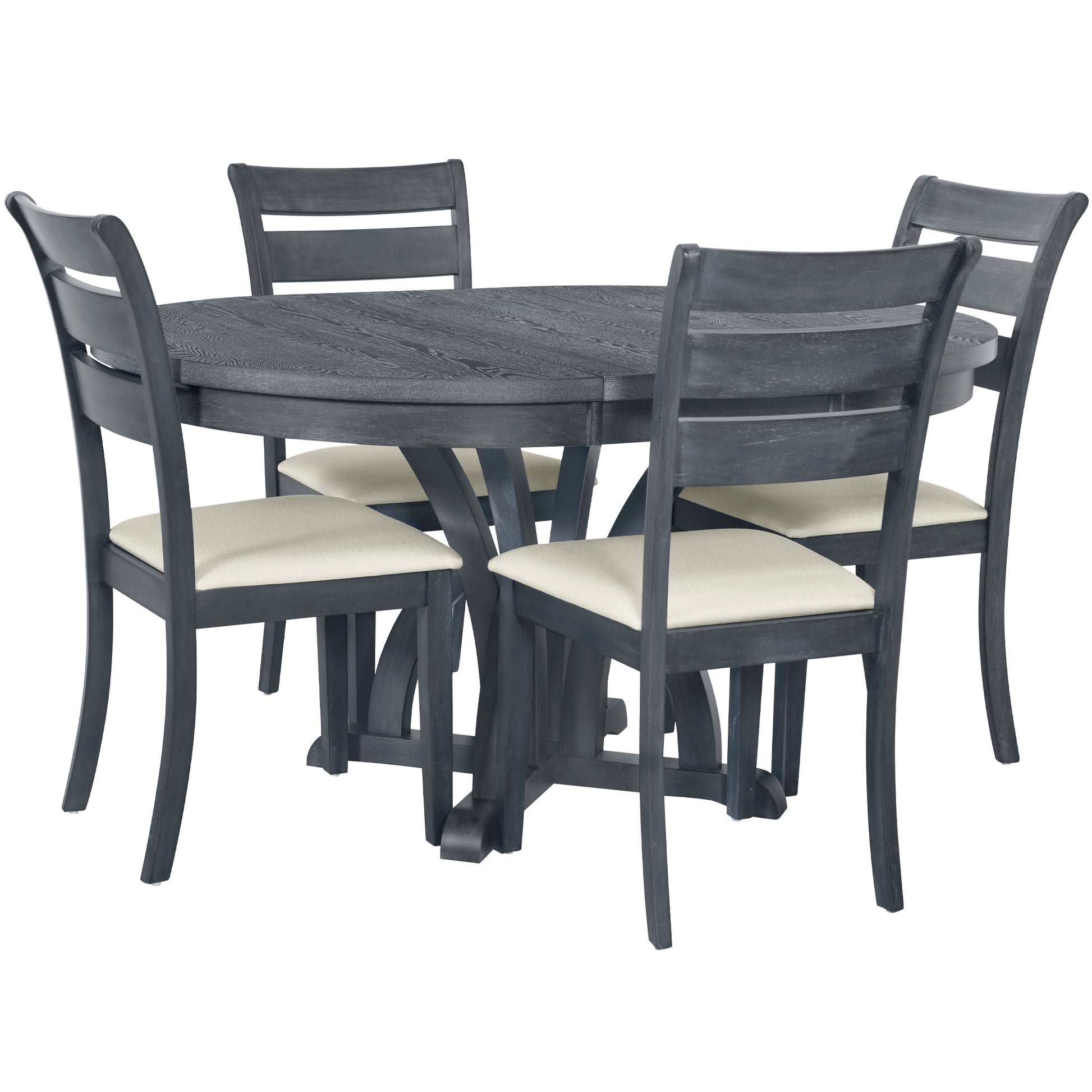 5 Piece Farmhouse Round Pedestal Extending Dining Table Set Extendable Kitchen Table Set With 15.8" Removable Leaf And Ladder Back Dining Chairs For Small Places, Black Wood Dining Room Extendable Rubberwood Oval Dining Table With Chair Upholstered Chair