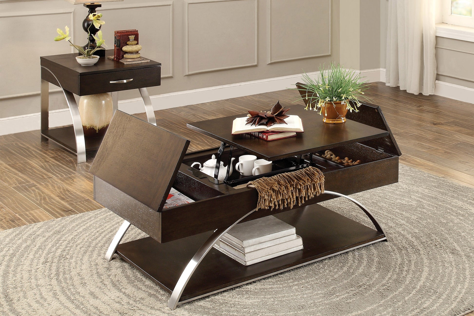Modern Living Room Furniture 1Pc Lift Top Coffee Table With Display Shelf Espresso Finish Wood Chrome Metal Finish Unique Style Cocktail Table Espresso Primary Living Space Modern Coffee & End Tables Rectangular Wood Stainless Steel