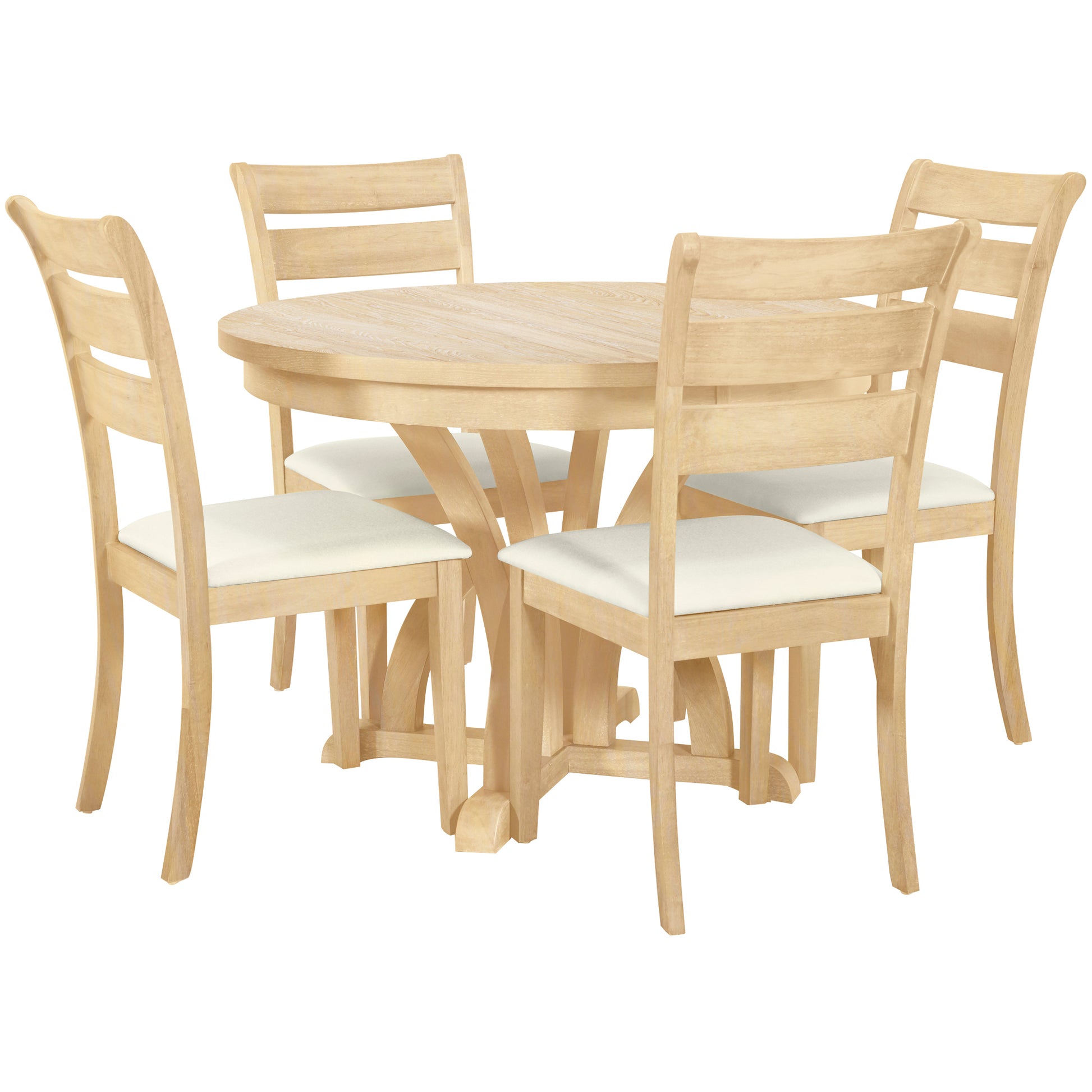 5 Piece Farmhouse Round Pedestal Extending Dining Table Set Extendable Kitchen Table Set With 15.8" Removable Leaf And Ladder Back Dining Chairs For Small Places, Natural Wood Dining Room Extendable Rubberwood Oval Dining Table With Chair Upholstered