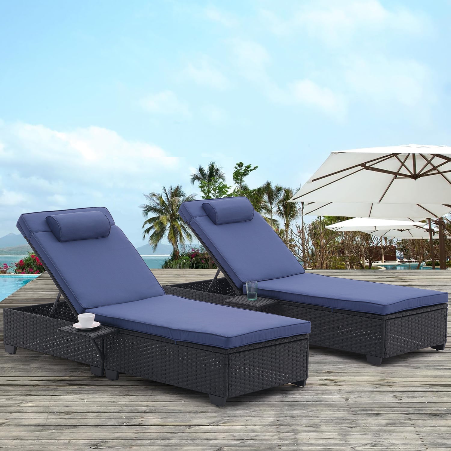 Outdoor Patio Chaise Lounge Chair,Lying In Bed With Pe Rattan And Steel Frame,Pe Wickers,Pool Recliners With Elegant Reclining Adjustable Backrest And Removable Cushions Sets Of 2 Black Navy Blue Yes Black Blue Weather Resistant Frame Pe Rattan Iron