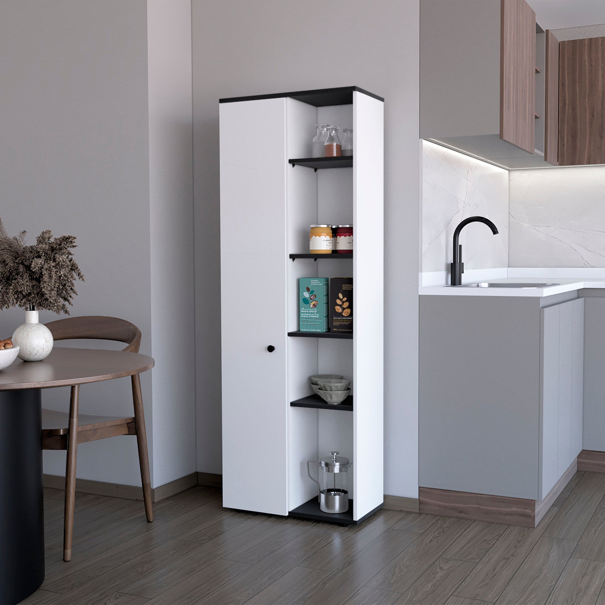 White And Black 1 Door Multistorage Kitchen Pantry White Black Kitchen Shelves Included Wood