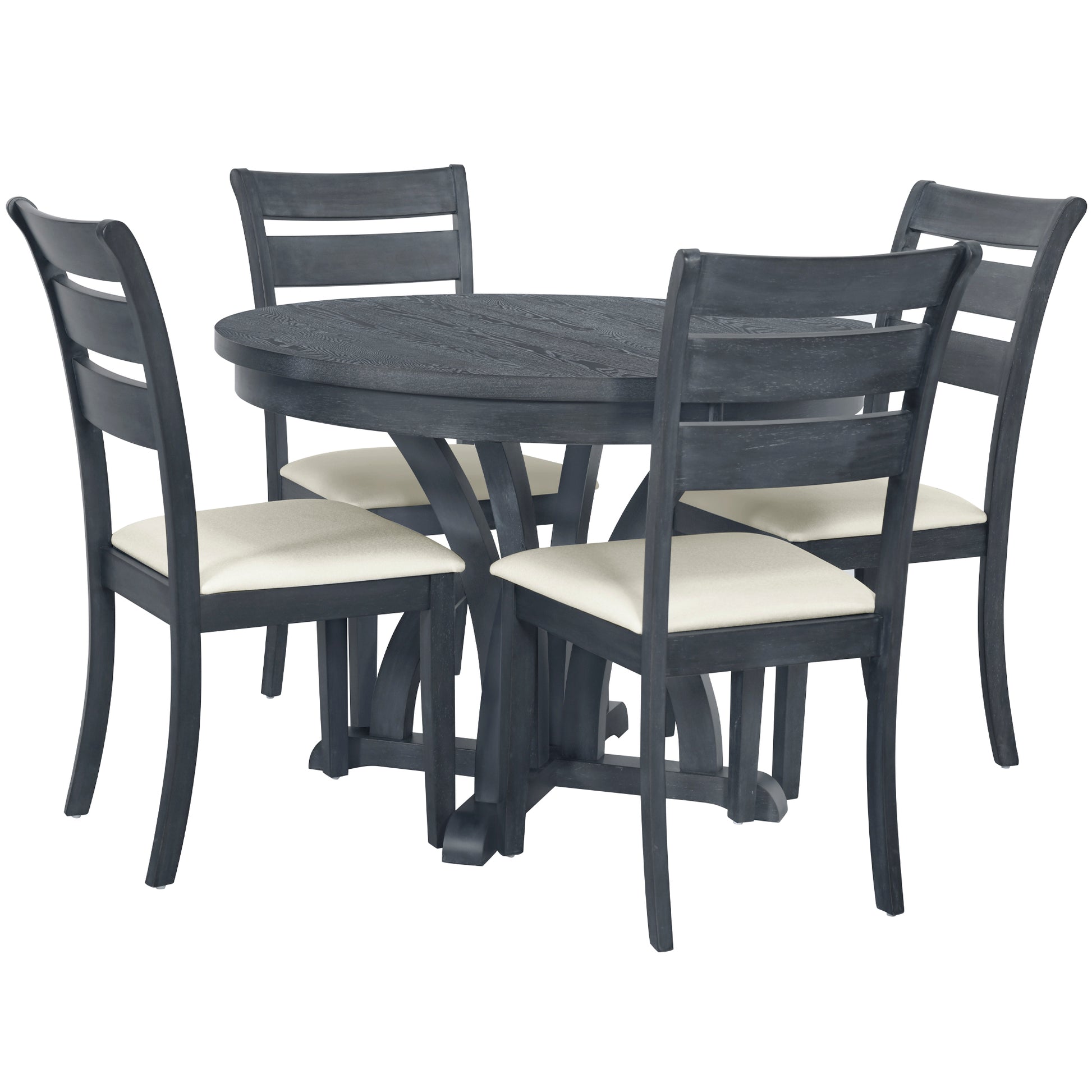5 Piece Farmhouse Round Pedestal Extending Dining Table Set Extendable Kitchen Table Set With 15.8" Removable Leaf And Ladder Back Dining Chairs For Small Places, Black Wood Dining Room Extendable Rubberwood Oval Dining Table With Chair Upholstered Chair