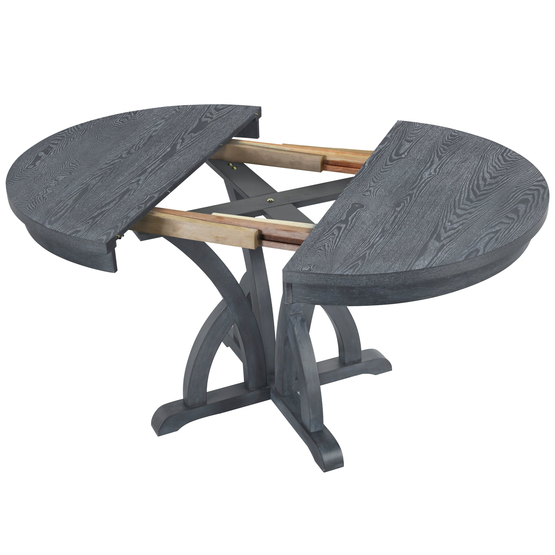 5 Piece Farmhouse Round Pedestal Extending Dining Table Set Extendable Kitchen Table Set With 15.8" Removable Leaf And Ladder Back Dining Chairs For Small Places, Black Wood Dining Room Extendable Rubberwood Oval Dining Table With Chair Upholstered Chair