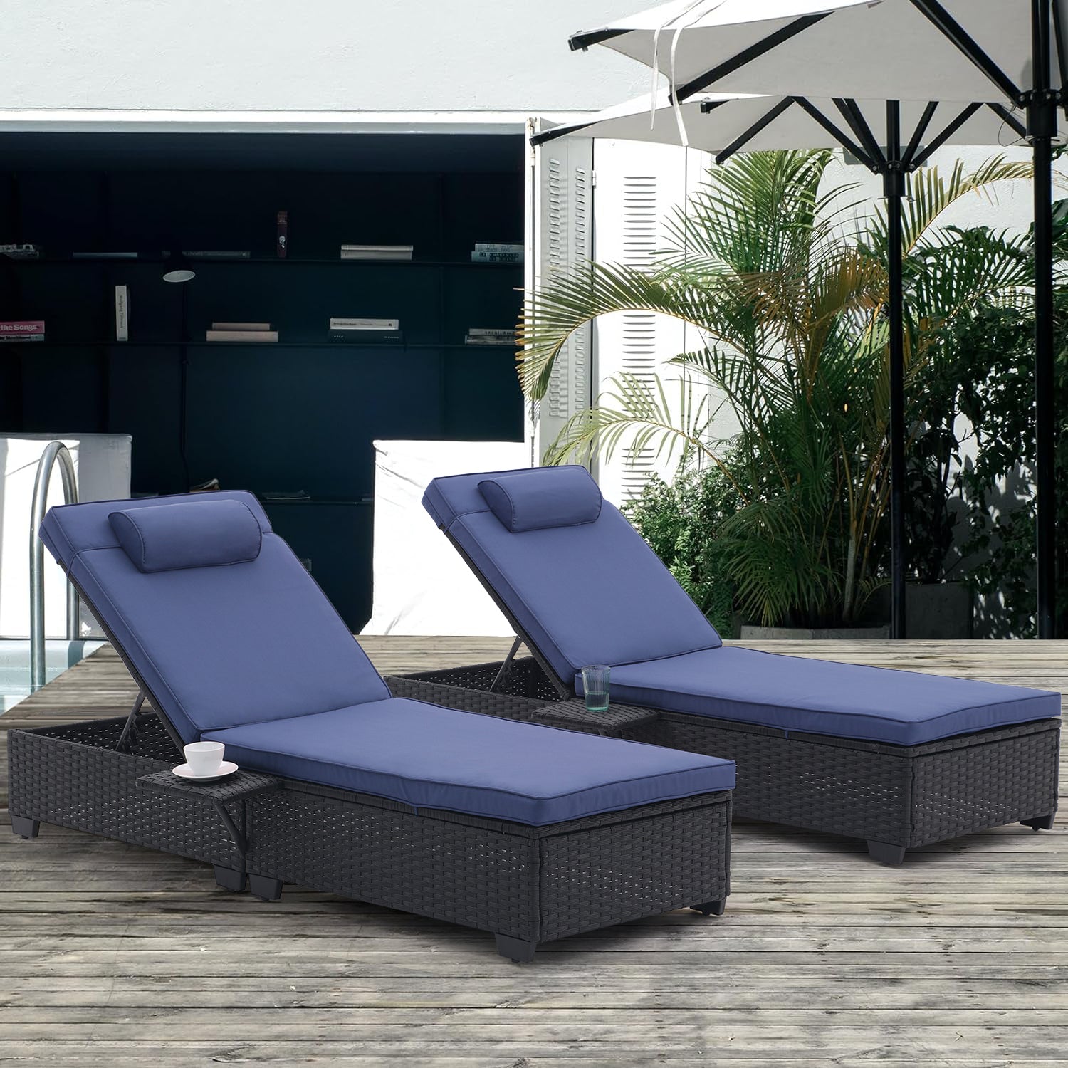 Outdoor Patio Chaise Lounge Chair,Lying In Bed With Pe Rattan And Steel Frame,Pe Wickers,Pool Recliners With Elegant Reclining Adjustable Backrest And Removable Cushions Sets Of 2 Black Navy Blue Yes Black Blue Weather Resistant Frame Pe Rattan Iron