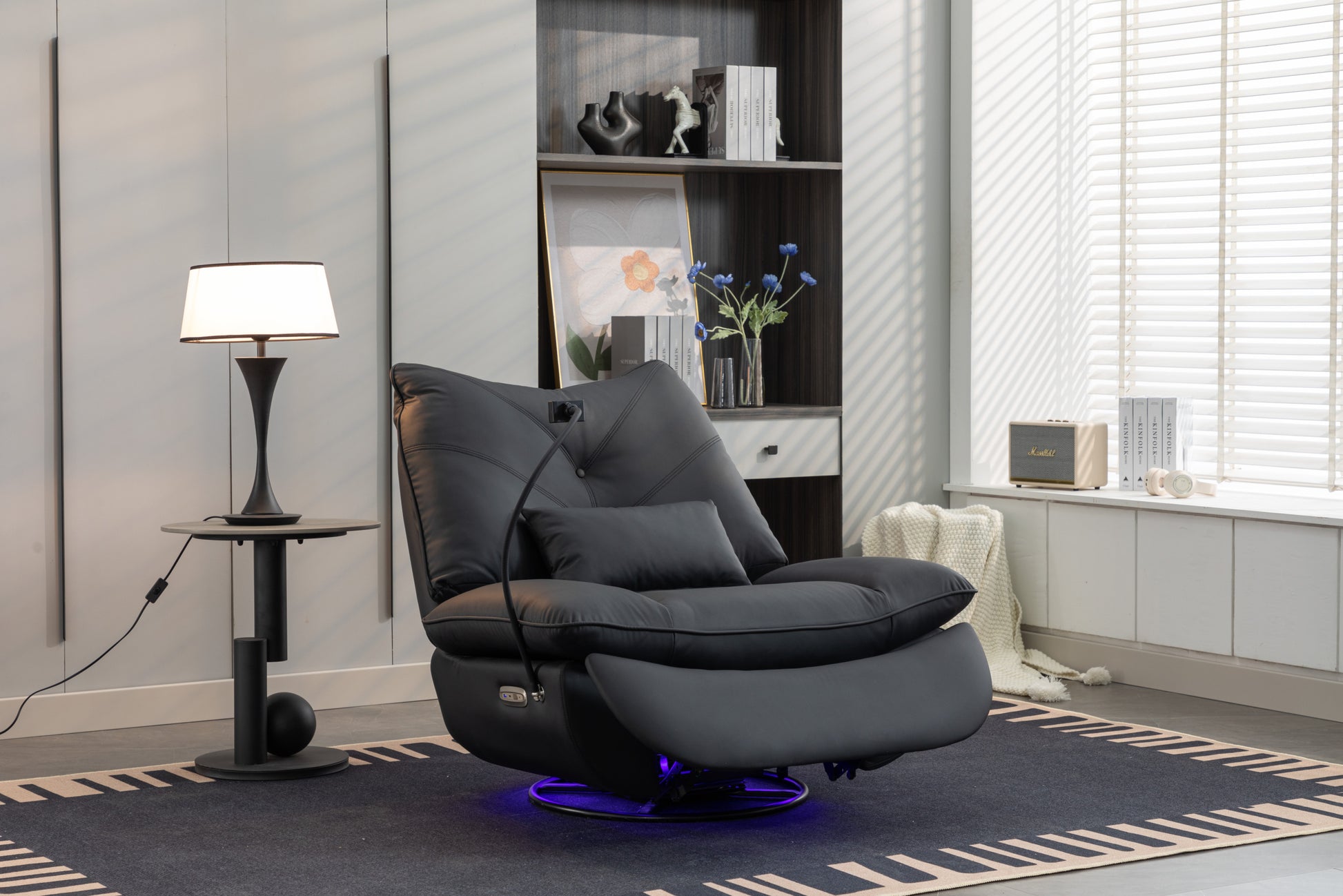 270 Swivel Glider Recliner Chair, Power Recliner Rocking Chair, Usb Port Charge For Nursery Chair With Atmosphere Lamp For Living Room Bedroom Apartment Black Faux Leather