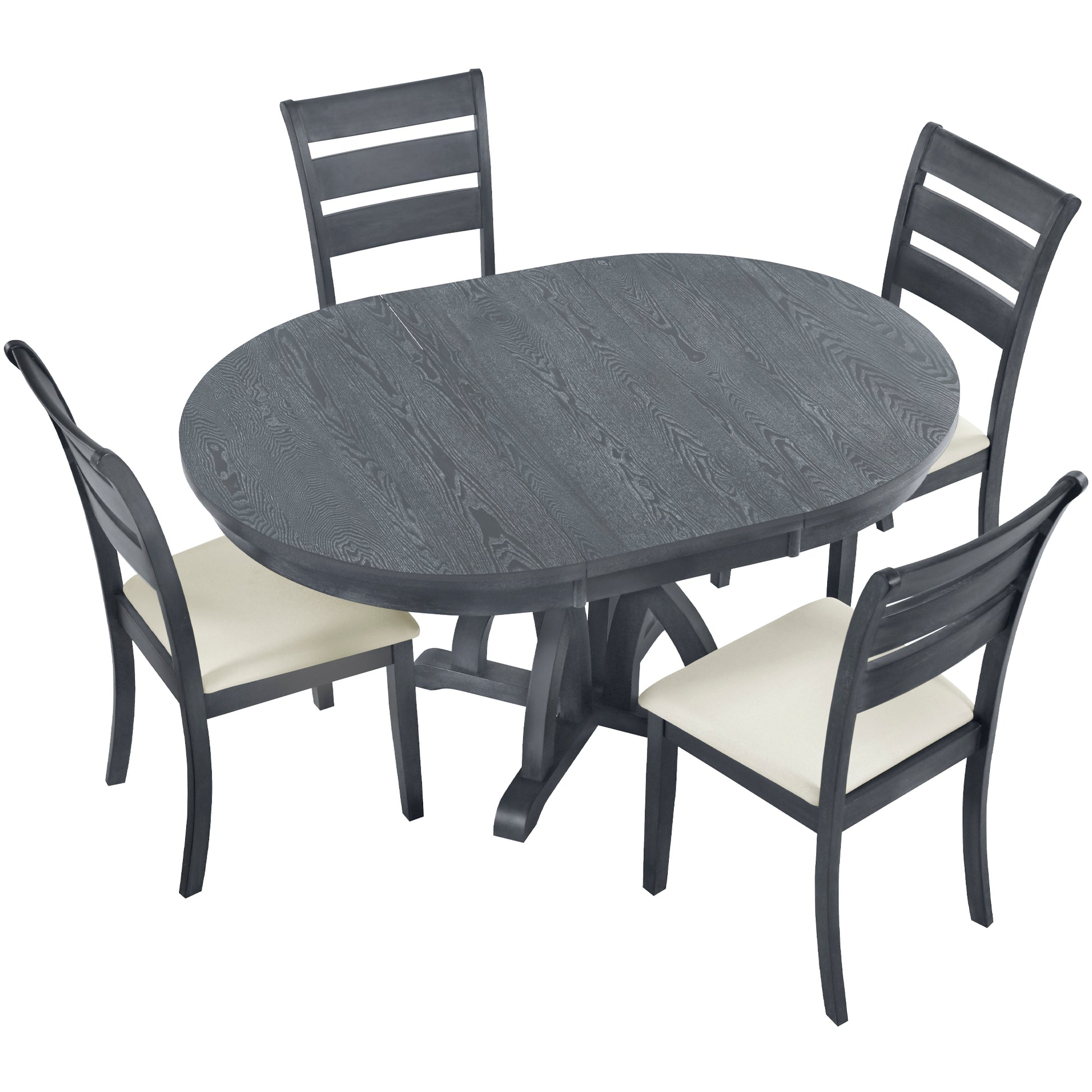 5 Piece Farmhouse Round Pedestal Extending Dining Table Set Extendable Kitchen Table Set With 15.8" Removable Leaf And Ladder Back Dining Chairs For Small Places, Black Wood Dining Room Extendable Rubberwood Oval Dining Table With Chair Upholstered Chair