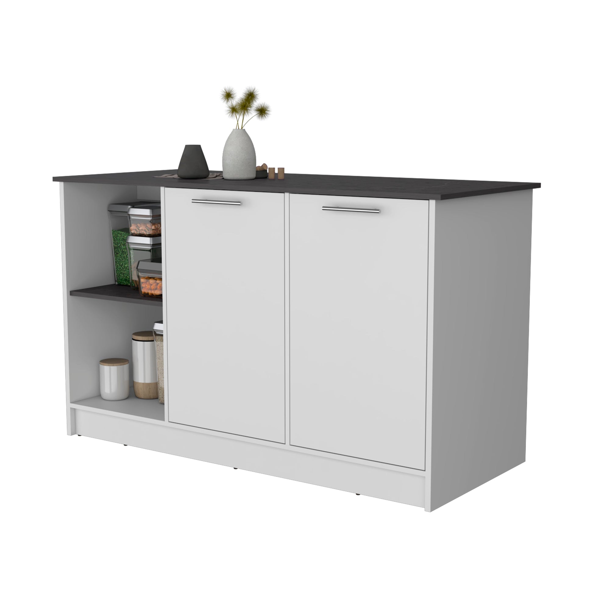 White And Onyx Double Door Cabinets Kitchen Island White Gray Kitchen Rectangular Stationary Kitchen Islands Wood Large 56 In
